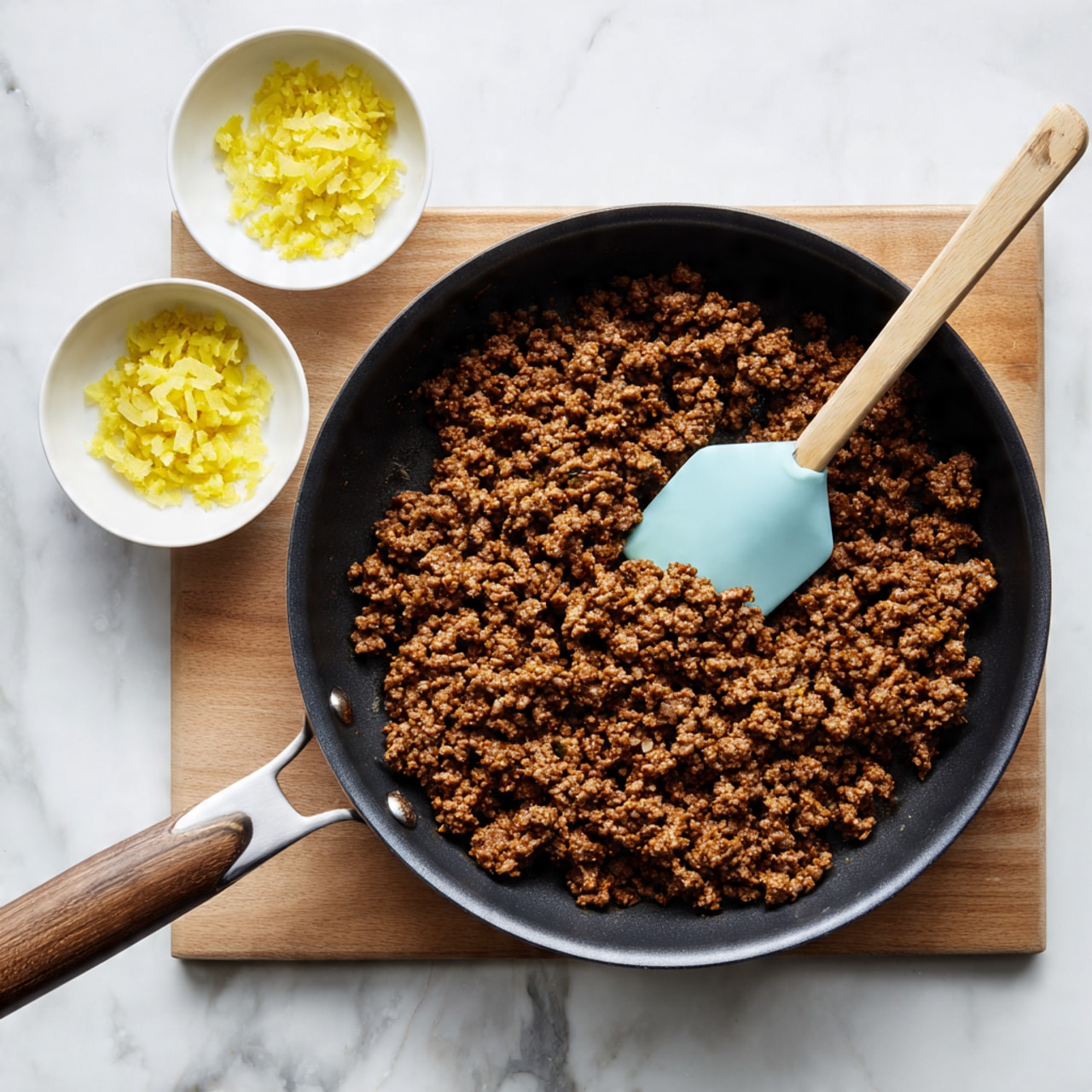 The image shows two white round plates on a white marbled surface. The plate in the foreground is filled with seven golden-brown triangular samosas arranged in a loose pile, with their crispy, slightly oily texture clearly visible. On the same plate to the right, there is a small white bowl filled with creamy green dipping sauce speckled with herbs. In the background, the second white plate has four more samosas, with two of them topped with drizzles of the same green sauce. The samosas look light and flaky, with some visible darker spots from cooking. The overall setting has a soft, neutral tone with a beige tablecloth underneath the plates. photo taken with an iphone --ar 4:5 --v 7