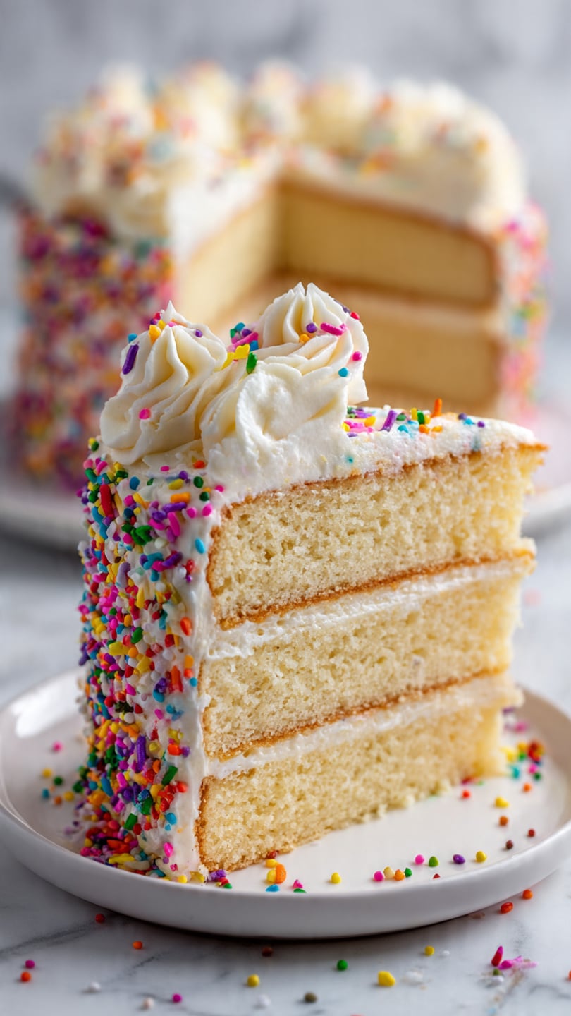 A three-layer round vanilla cake covered all over with tiny colorful round sprinkles, giving the outside a textured, bright look. Each layer of the cake has a light cream-colored frosting in between, and the top is decorated with five small swirls of white cream evenly spaced around the edge. The cake is placed on a white plate, with one slice being lifted slightly by a silver cake server held by a woman’s hand. The background surface is a white marbled texture with a striped cloth partially visible. Photo taken with an iphone --ar 4:5 --v 7