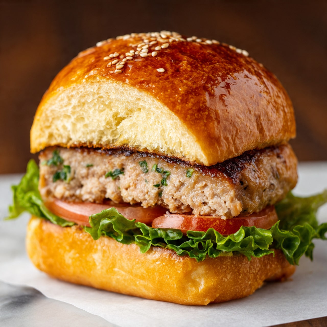 The image shows a close-up of a chicken burger on a white plate with a white marbled surface in the background. The burger has five layers: the top layer is a golden sesame seed bun, below it is a creamy white sauce with herbs, followed by a thick chicken patty with bits of green herbs inside, then a slice of red tomato, and at the bottom, fresh green lettuce sits on the bottom part of the bun. The burger looks fresh and juicy with neat layers and some of the creamy sauce dripping slightly. Photo taken with an iphone --ar 4:5 --v 7