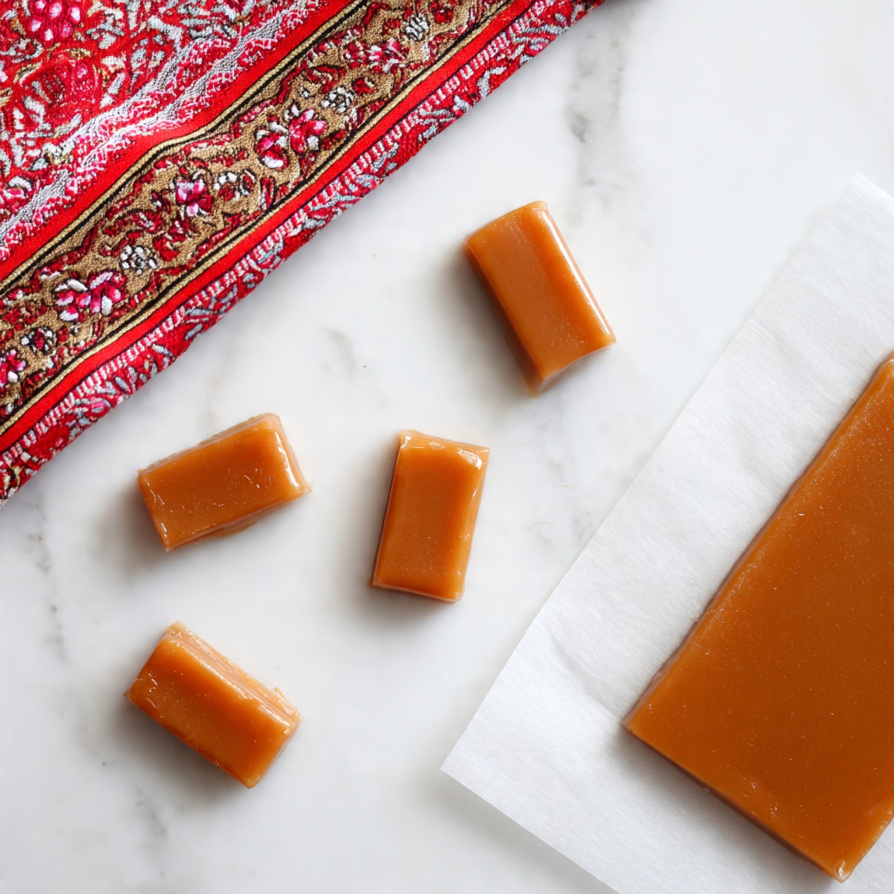Several rectangular caramel pieces with a smooth, light brown color are scattered on a white marbled surface. Some of the caramel pieces are sprinkled with large white sea salt flakes. In the background, a larger uncut caramel block lies on a piece of white parchment paper. To the left, there is a small wooden bowl filled with coarse salt, and a red patterned cloth is partially visible in the lower-left corner. On the right side, a clear, empty glass bowl is partially seen. photo taken with an iphone --ar 4:5 --v 7