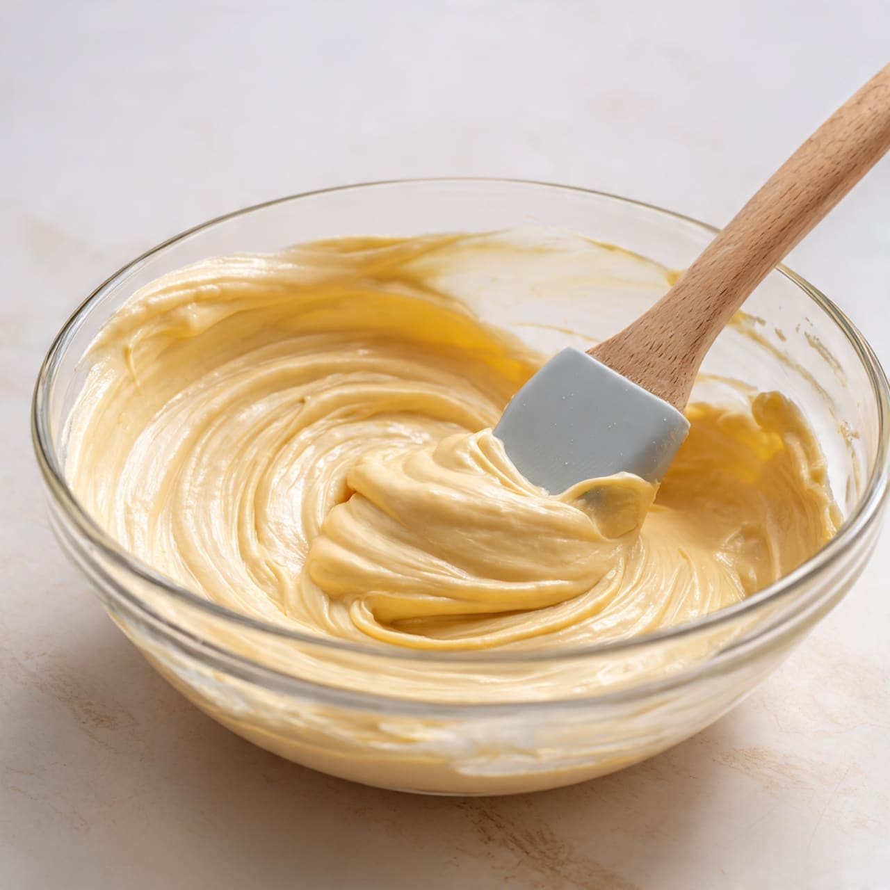 The image shows three golden yellow slices of pound cake stacked slightly overlapping on a white marble surface, with the focus on the middle slice that displays a moist, soft crumb texture, and a lightly browned crust at the top edges. The foreground shows the blurred top of the unsliced loaf with a golden brown cracked crust, creating depth in the image. Photo taken with an iphone --ar 4:5 --v 7