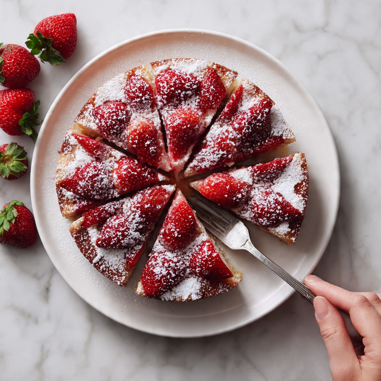 A single slice of strawberry cake is shown on a white plate with a white marbled background. The cake has two layers: the bottom layer is a light, fluffy, pale yellow sponge, and the top layer is covered with sliced red strawberries embedded in a thin glaze that gives a shiny texture. The top of the slice is decorated with a thick swirl of smooth white cream and a whole ripe red strawberry with green leaves. A whole strawberry lies next to the cake slice, slightly touching a silver fork placed on the plate. There is a light dusting of powdered sugar on the strawberries and cake surface. Photo taken with an iphone --ar 4:5 --v 7