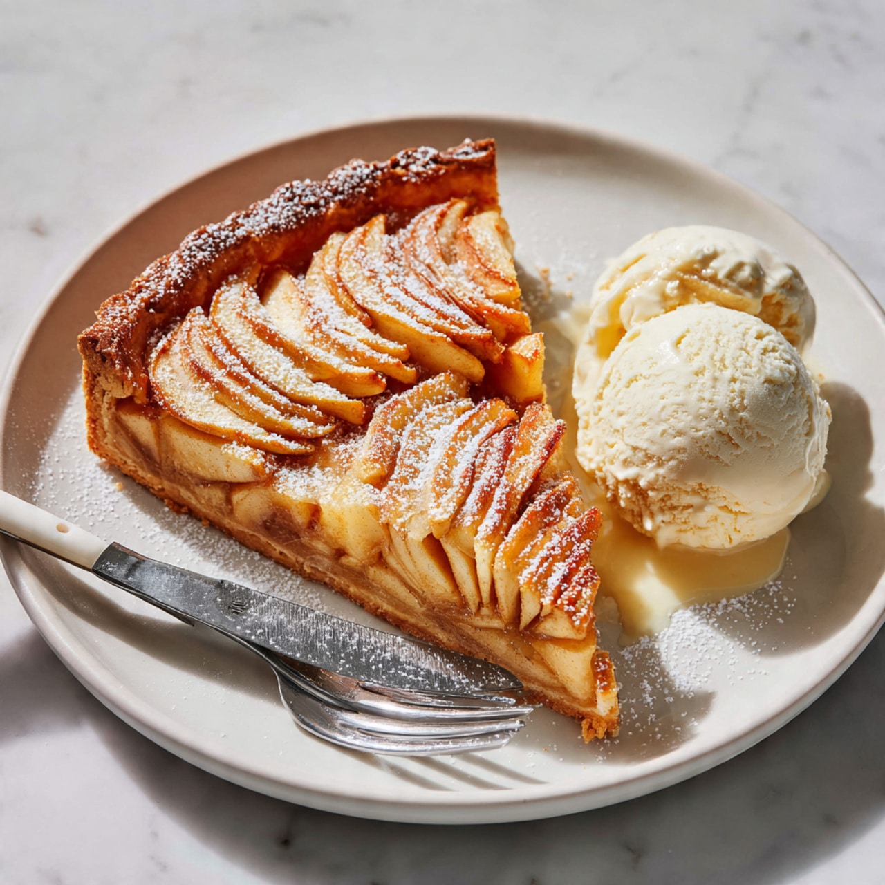 The image shows a rectangular pastry with six neat rows of thin, slightly overlapping yellow slices laid evenly across the top. The edges of the pastry are folded slightly inward to create a raised border around the slices. A woman's hand is brushing a glaze over the slices with a black-handled brush, giving them a shiny look. The pastry is placed on a white parchment-lined baking tray, set inside an oven with some gray oven racks visible. The background and surface have a white marbled texture. Photo taken with an iphone --ar 4:5 --v 7