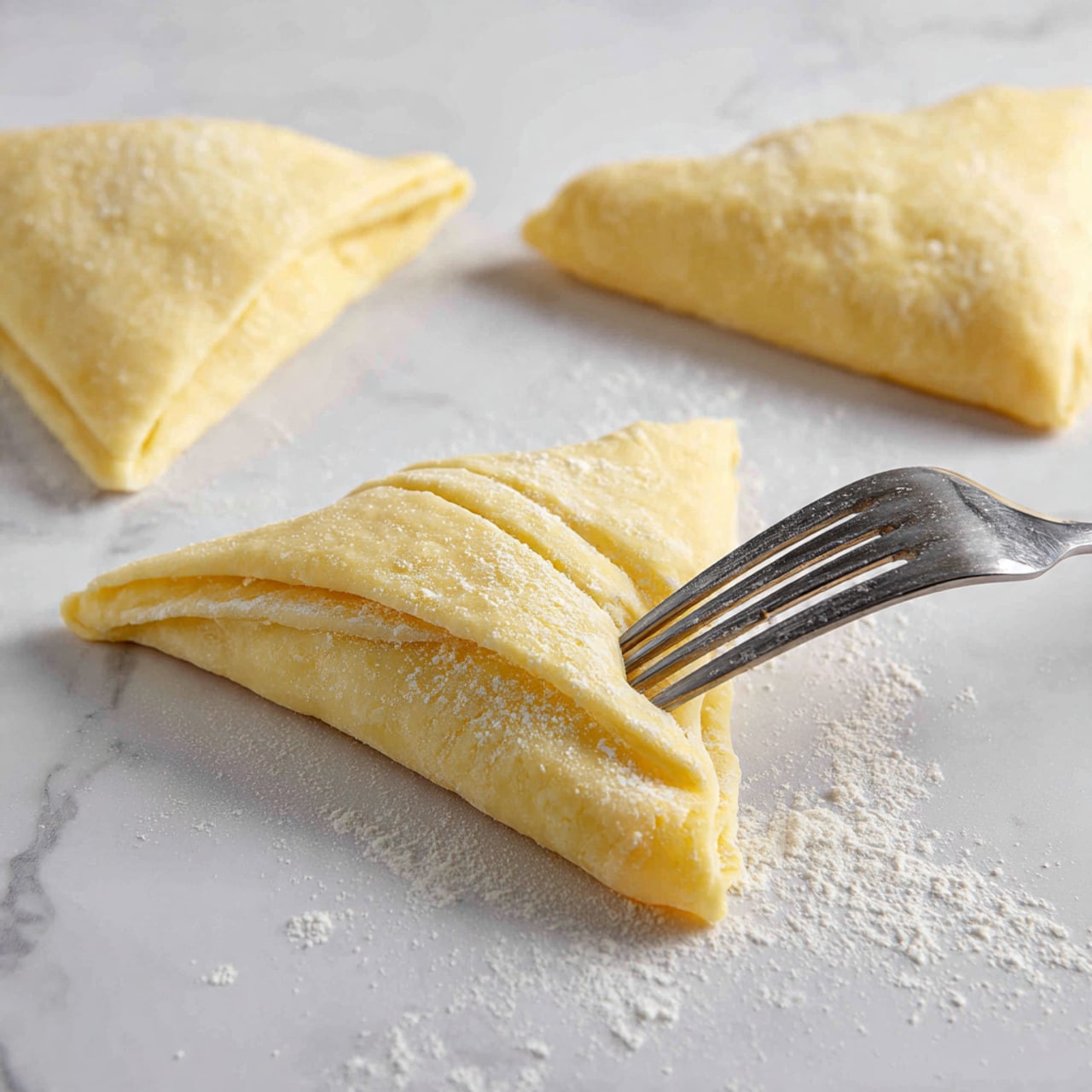 A close-up image shows a light yellow square dough folded into a triangle with visible edges pressed down using the tines of a silver fork. The dough looks smooth but slightly textured with tiny ridges where the fork pressed it. The triangular dough rests on a white marbled surface that has a few scattered small bits of flour around it. In the background, two more unfolded light yellow dough squares lie flat on the same white marbled surface. The scene is brightly lit, highlighting the dough's soft appearance and the shiny metal fork. photo taken with an iphone --ar 4:5 --v 7