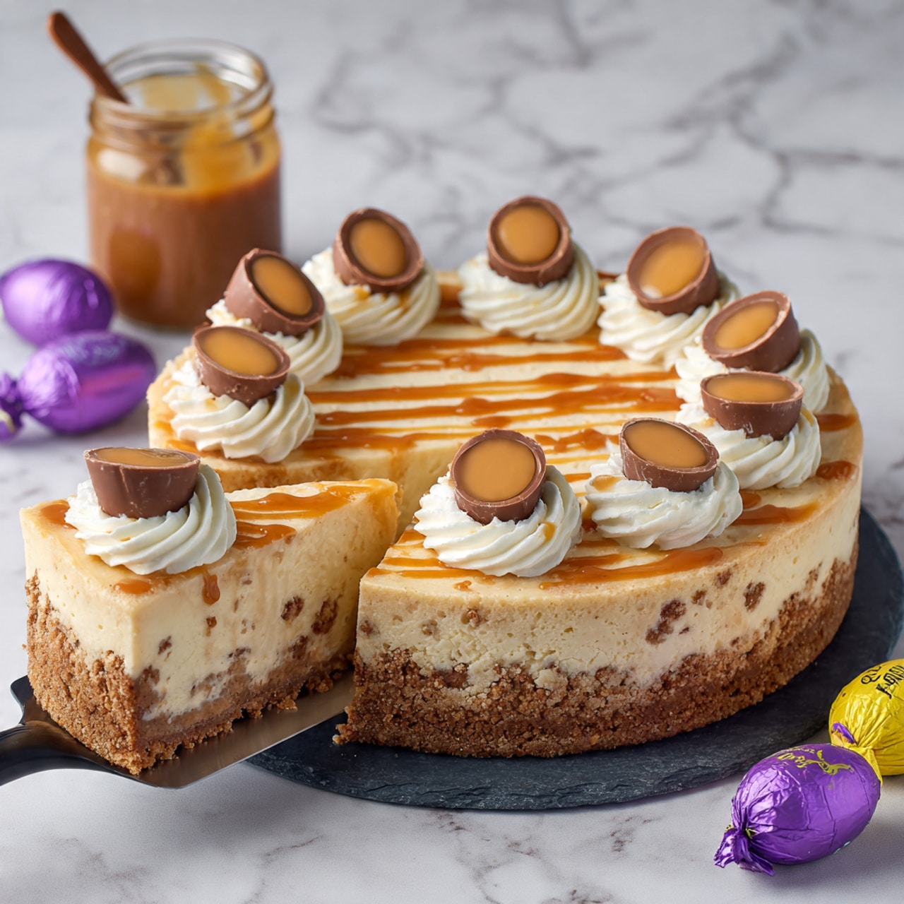 This image shows a slice of two-layer dessert on a white plate with brown sprinkles. The bottom layer is a crumbly, light brown base, while the top layer is a smooth, creamy caramel or milk chocolate filling. On top, there is a swirl of white whipped cream and a drizzle of caramel sauce in a grid pattern. A chocolate candy, cut in half with a shiny caramel center, sits on the whipped cream. A black fork holds a bite-sized piece showing the creamy inside and some of the base crumb. In the background, more dessert slices and a yellow and purple candy box rest on a white marbled surface. Photo taken with an iphone --ar 4:5 --v 7
