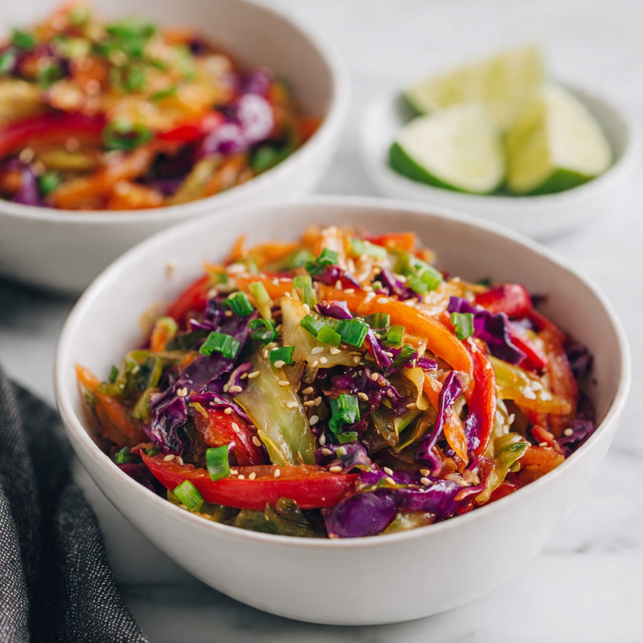 A close-up of two white bowls filled with a colorful vegetable stir-fry resting on a white marbled surface. The dish has layers of chopped green cabbage, thin orange carrot strips, light purple cabbage pieces, and red bell pepper slices mixed evenly. The stir-fry shows a slightly glossy texture with visible sesame seeds sprinkled on top and small bright green chopped scallions scattered over the vegetables. In the background, a blurred small white bowl with lime wedges is visible. The photo taken with an iphone --ar 4:5 --v 7