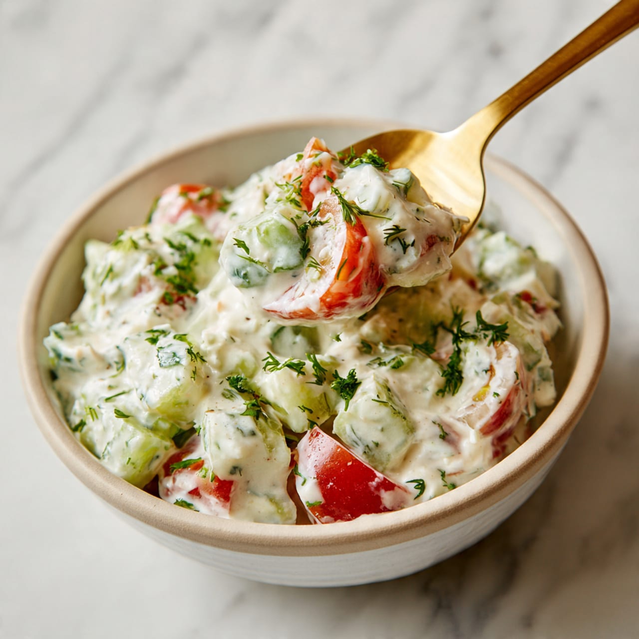 The image shows a close-up of a creamy salad in a white bowl with a light beige rim. The salad has a thick white dressing filled with small chunks of light green cucumber pieces and bright red tomato chunks, mixed with finely chopped green herbs scattered on top and inside the creamy base. A golden spoon lifts a portion of the salad, holding visible pieces of cucumber, tomato, and herbs. The bowl rests on a white marbled surface. Photo taken with an iphone --ar 4:5 --v 7