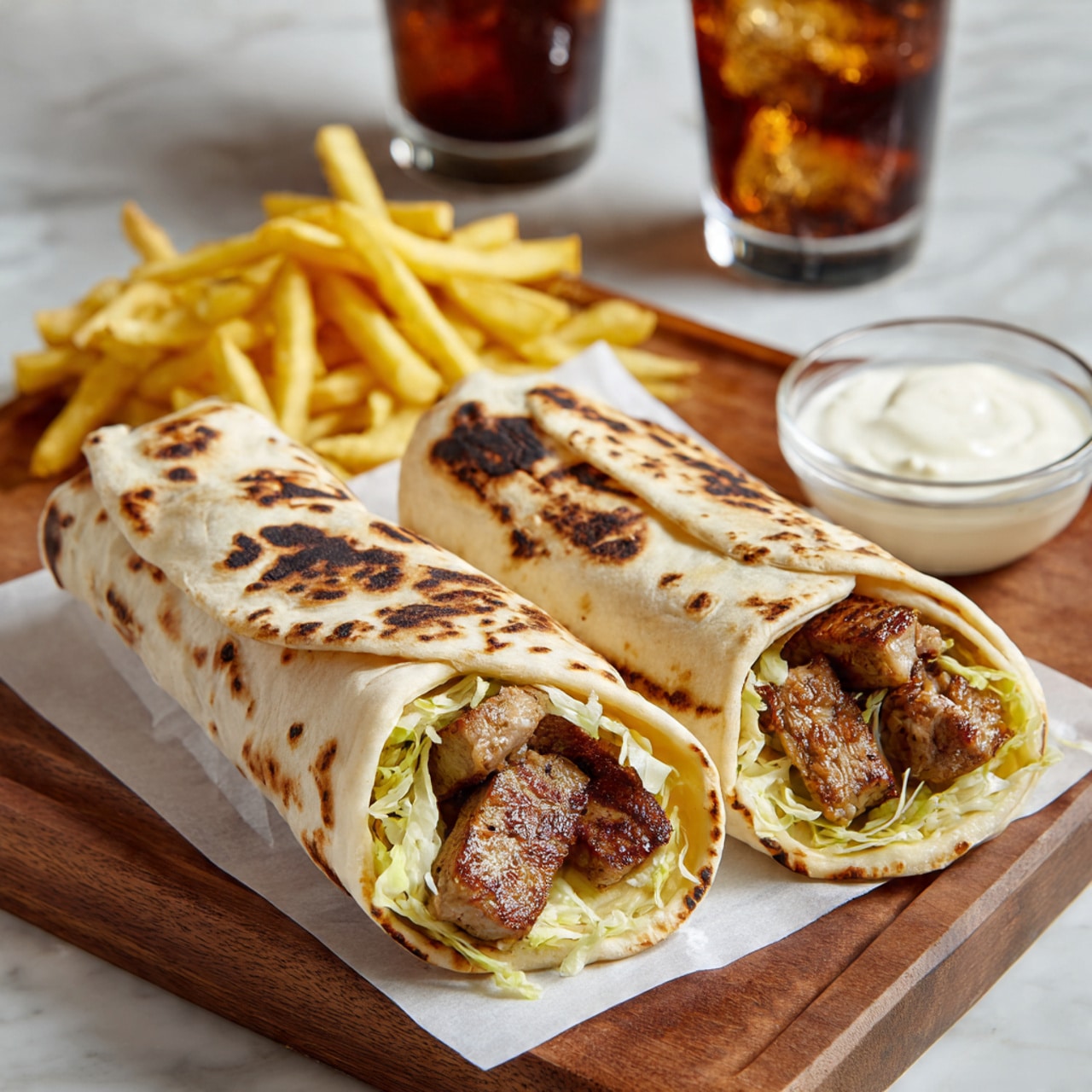 The image shows two wraps placed on a wooden board with a layer of white paper under them, both filled with golden-brown grilled pieces of meat and some light green leafy vegetables, wrapped inside soft, lightly toasted flatbreads that have brown spots on the surface. To the left of the wraps is a pile of thin, yellowish fries. On the right side of the board, there is a small clear glass bowl filled with a white creamy sauce. In the background, there are two transparent glasses filled with a dark brown fizzy drink. The scene is set on a white marbled surface. photo taken with an iphone --ar 4:5 --v 7
