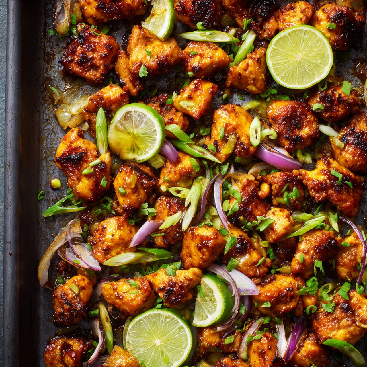 The image shows a tray filled with golden-brown cooked chicken pieces that have a slightly charred texture, giving a crispy look. The chicken pieces are scattered, showing different shapes and sizes with a glossy surface from cooking juices. Small pieces of chopped red onion and green spring onion are sprinkled on top, adding pops of color with their purple and green tones. Thin slices of lime with bright green edges and pale centers are placed between the chicken pieces, adding fresh contrast. The tray surface underneath is dark with a slight shine, enhancing the warm tones of the chicken. photo taken with an iphone --ar 4:5 --v 7