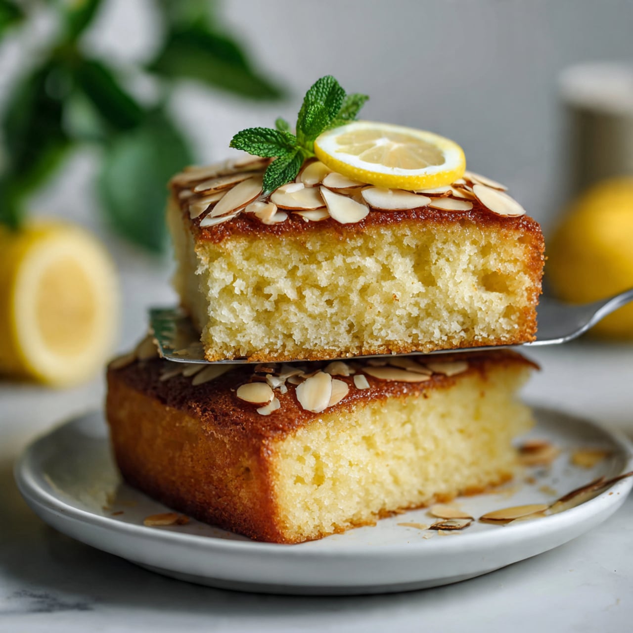 A close-up image of a two-layer lemon almond cake on a white plate, placed on a white marbled surface. The bottom layer is thick, golden-yellow, and moist with a spongy texture. The top layer is a similar thick slice, held above the bottom piece on a silver spatula, showing the soft crumb inside with a few holes. Both cake layers are topped with toasted almond slices that are light brown and slightly crunchy. On top of the upper layer, there is a fresh, thin lemon slice with pale yellow color and visible rind. A lemon and some green leaves are blurred in the background, adding a fresh and natural feel. Photo taken with an iphone --ar 4:5 --v 7