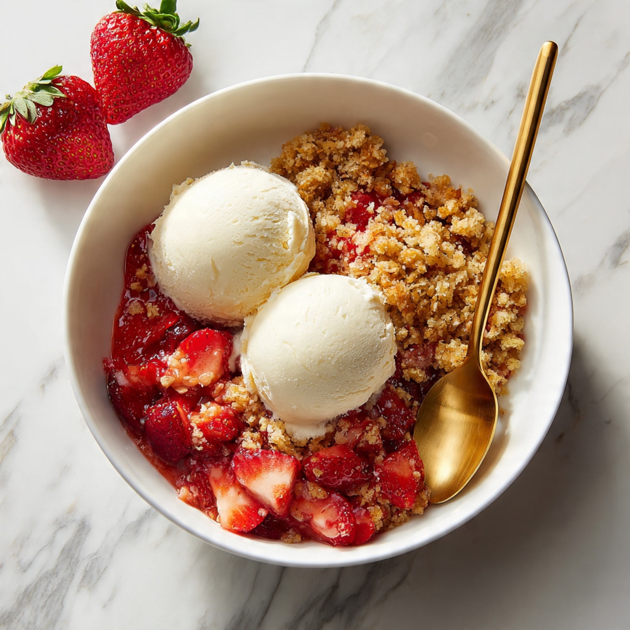 A white round bowl contains two layers: the bottom layer is a crumbly golden-brown strawberry crisp with visible whole and sliced bright red strawberries mixed inside, and the top layer has two scoops of creamy off-white vanilla ice cream placed to one side. A shiny gold spoon rests inside the bowl next to the crisp. The bowl sits on a white marbled surface with two whole strawberries blurred in the background. photo taken with an iphone --ar 4:5 --v 7