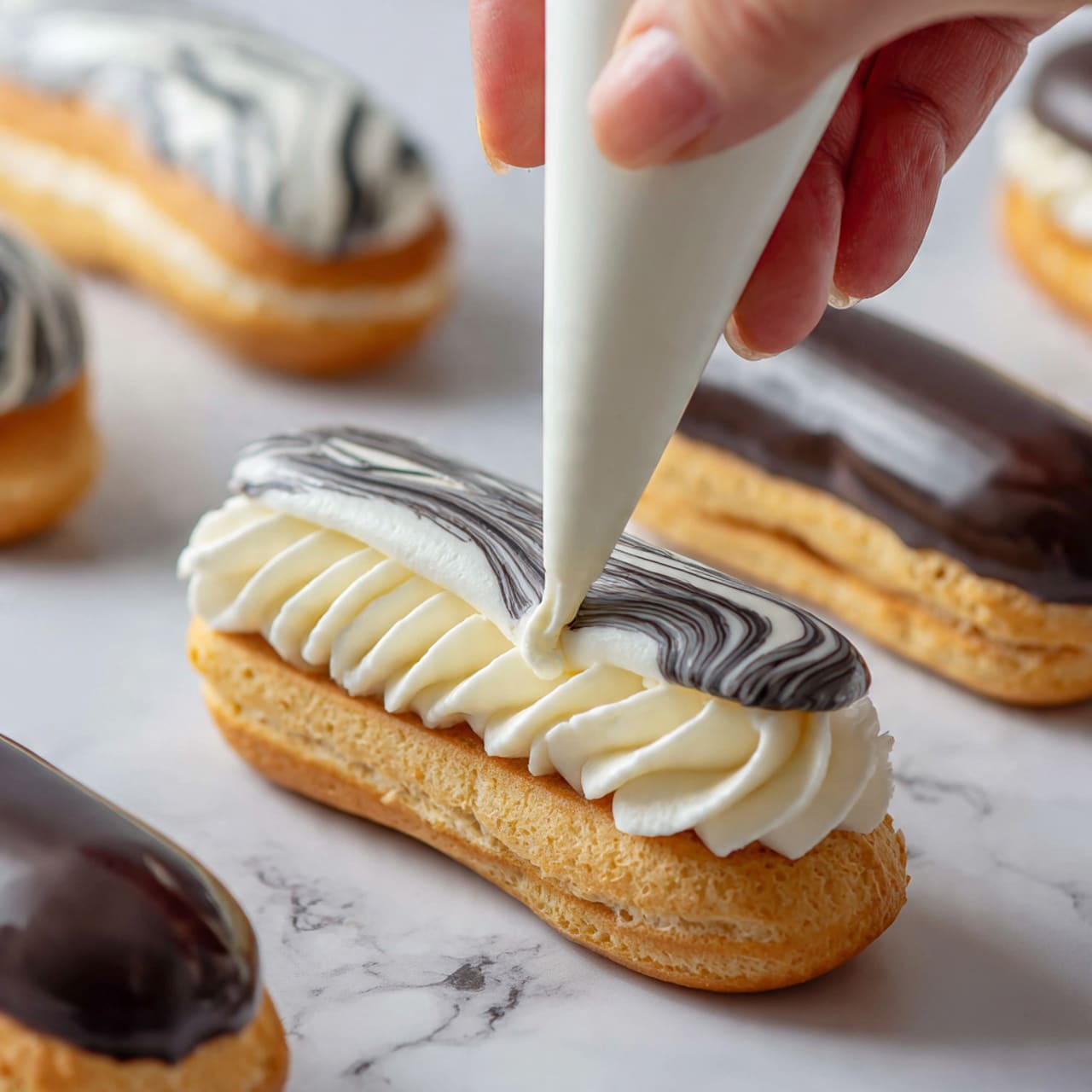 The image shows a close-up of a white éclair pastry being filled with a white cream using a piping bag. The éclair is long and light golden brown, with a slightly rough texture. The cream is piped in a swirl pattern, thick and smooth, sitting on the bottom half of the éclair. Around it, there are other éclair pieces, one with a shiny dark chocolate coating at one end, and a white marbled surface underneath all the pastries. A woman's hand is holding the piping bag, gently squeezing the cream onto the éclair. photo taken with an iphone --ar 4:5 --v 7