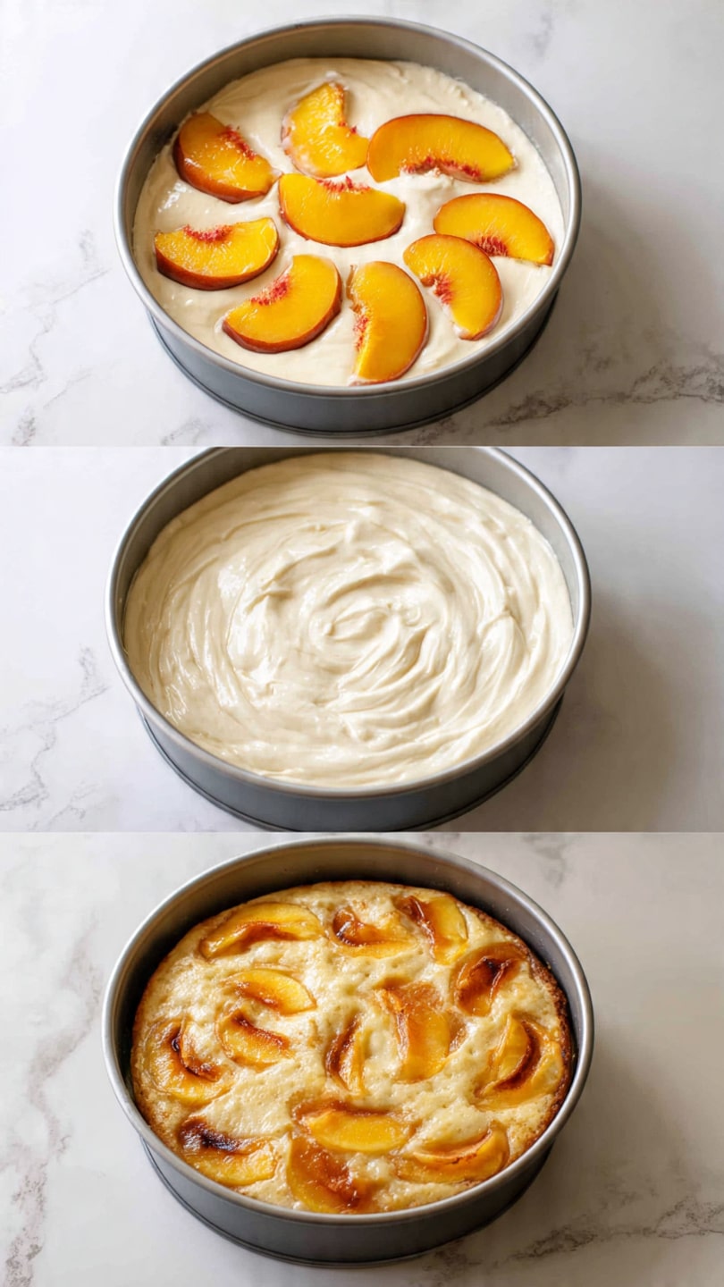The image shows three stages of making a peach dessert in a round baking pan. On the top left, peach slices with bright orange and yellow colors are arranged in a circular pattern on a pale dough base, with a creamy white batter being poured over the top. On the bottom left, the peaches are fully covered by the smooth, thick white batter, completely hiding the fruit underneath. On the right, the dessert is baked with a golden-brown crust that has visible swirls and spots of cooked peach slices peeking through the textured surface. The baking pan is gray and placed on a white marbled surface. Photo taken with an iphone --ar 4:5 --v 7
