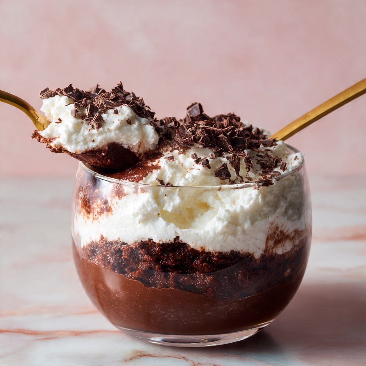 A close-up view of four clear, wide-rimmed glasses filled with smooth, shiny dark brown chocolate pudding. One glass is being filled with more pudding pouring from above, creating a thick stream in the center. The puddings have a glossy surface that reflects light softly. The glasses are arranged on a white marbled surface that provides a clean and bright background. photo taken with an iphone --ar 4:5 --v 7