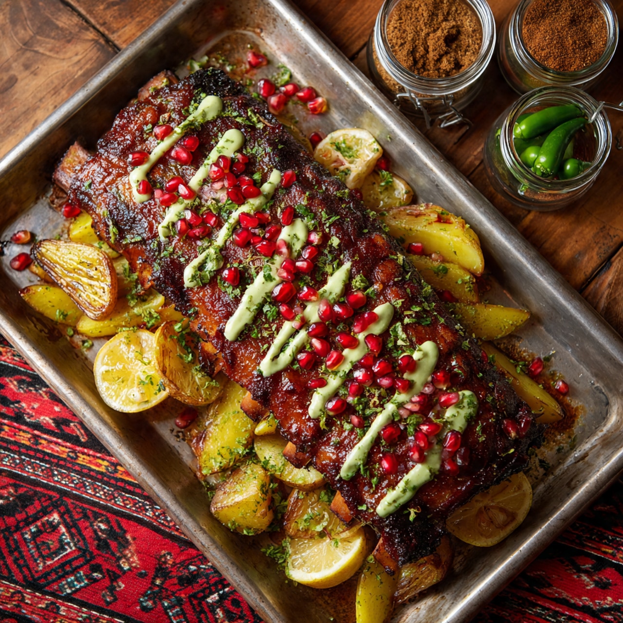 A metal baking tray filled with a large roasted meat piece covered in a dark brown crust, sprinkled with reddish spice powder and small red pomegranate seeds. Thin slices of lemon are placed around and under the meat. Potatoes, cut into wedges, are scattered around the meat along the edges of the tray, sprinkled with green herbs. There are light green sauce drizzles over the meat, and the tray is set on a white marbled surface with a coral pink cloth with heart patterns on the left side. Photo taken with an iphone --ar 4:5 --v 7