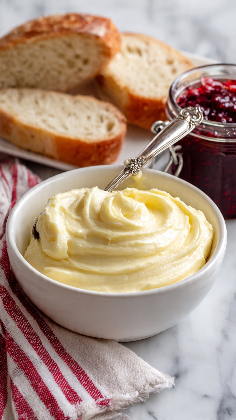 The image shows a shallow white bowl filled with a smooth, creamy, pale yellow spread. On top of it, there is a silver spreader with an ornate handle holding a small swirl of the spread. Behind the bowl, there are two slices of rustic bread, light brown with a soft texture, resting on a red and white striped cloth. To the right, there is a small glass jar filled with a dark red jam, sealed with a metal clasp. All items are placed on a white marbled surface. photo taken with an iphone --ar 4:5 --v 7