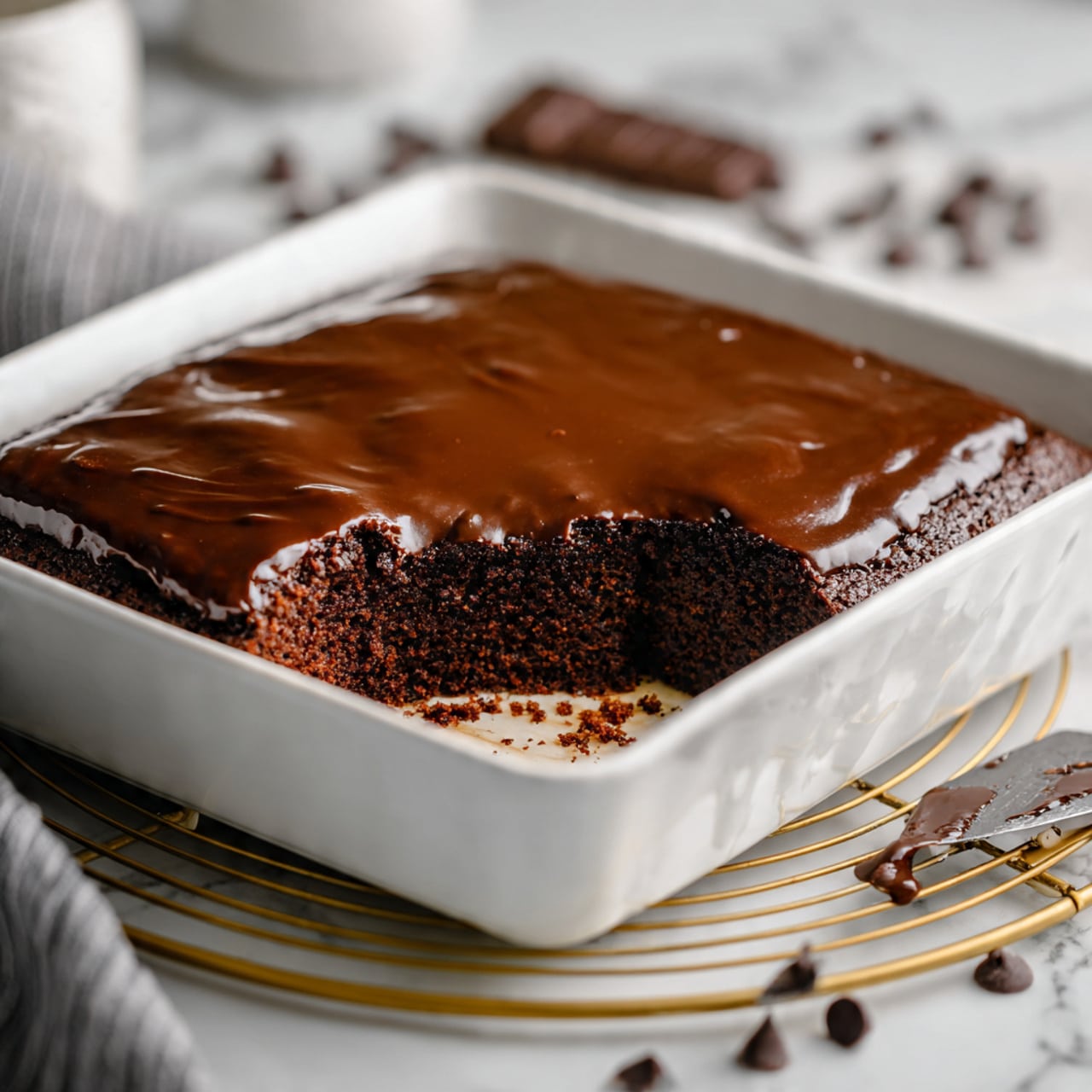 A square piece of dark brown chocolate cake sits on a white plate with a thin gray rim, topped with a scoop of melting pale yellow vanilla ice cream that is slightly soaked by rich dark chocolate sauce dripping down the cake’s sides. A creamy mix of melted ice cream and chocolate covers the top layer, blending with the moist cake texture. A golden spoon held by a woman's hand scoops a bite showing the soft, crumbly inside mixed with both chocolate and ice cream. The plate rests on a white marbled surface with scattered dark chocolate chips around. Photo taken with an iphone --ar 4:5 --v 7