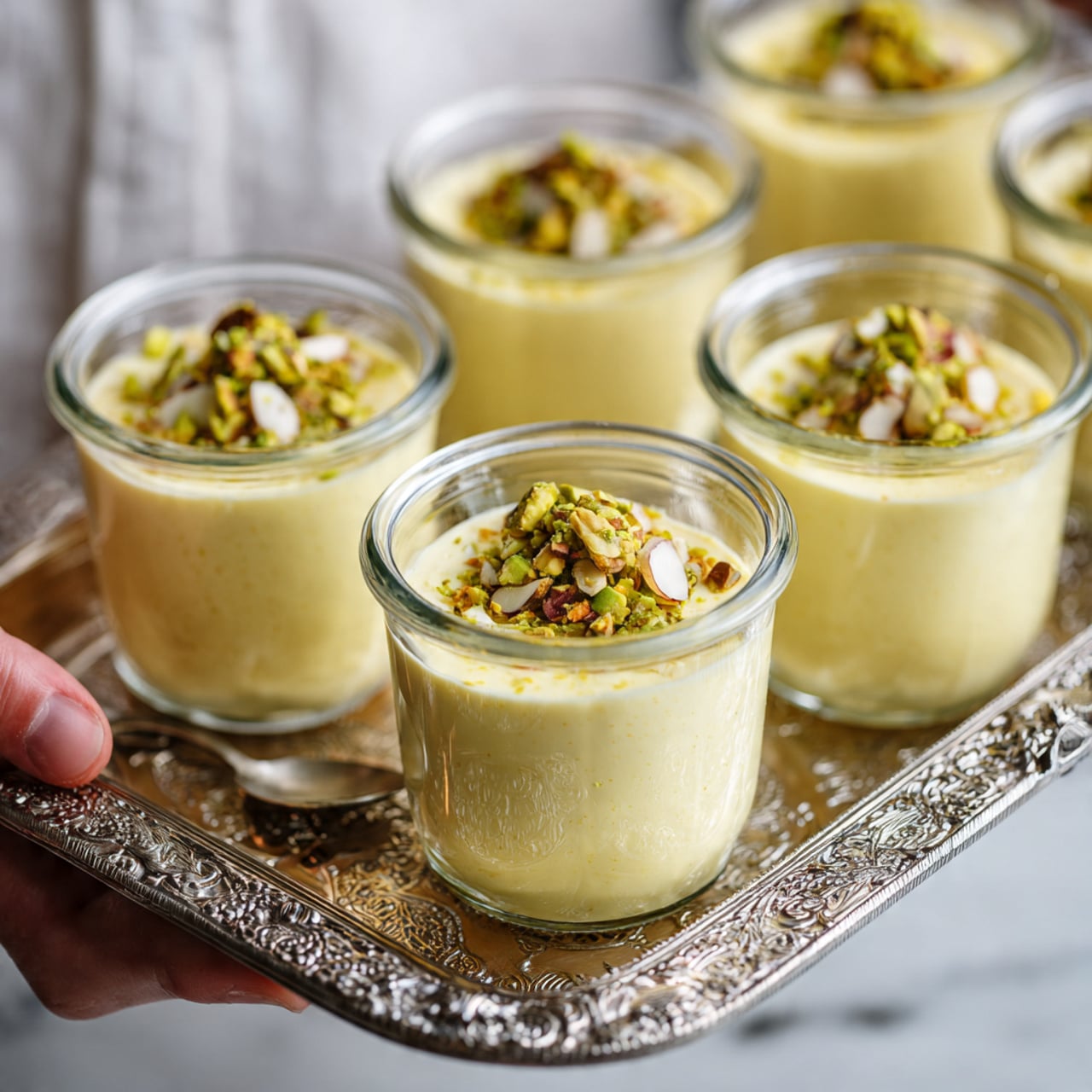 The image shows seven small glass cups filled with a light yellow creamy dessert, each topped with chopped nuts in green and white colors. The cups are arranged on an ornate silver tray with detailed patterns, placed on a white marbled surface covered partially with white lace fabric. A woman's hand is holding one of the cups on the right side, with a small silver spoon inside the cup. The dessert looks smooth and thick, filling each cup nearly to the top, with the nut topping clustered on one side. photo taken with an iphone --ar 4:5 --v 7