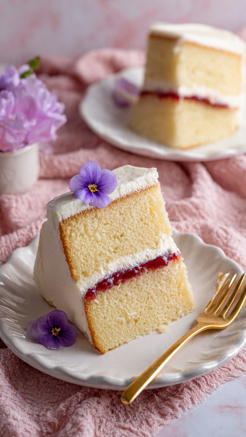 A three-layer cake sits on a golden stand with a white marbled background. Each layer is covered with off-white frosting that is slightly thin, showing bits of cake through it. The bottom layer is the largest, the middle layer is smaller, and the top layer is the smallest. Pink and purple flowers decorate the cake: a large pink rose leans against the bottom layer, and clusters of small purple flowers plus one white flower sit on the side of the middle and top layers. The overall look is simple and elegant with soft colors. photo taken with an iphone --ar 4:5 --v 7