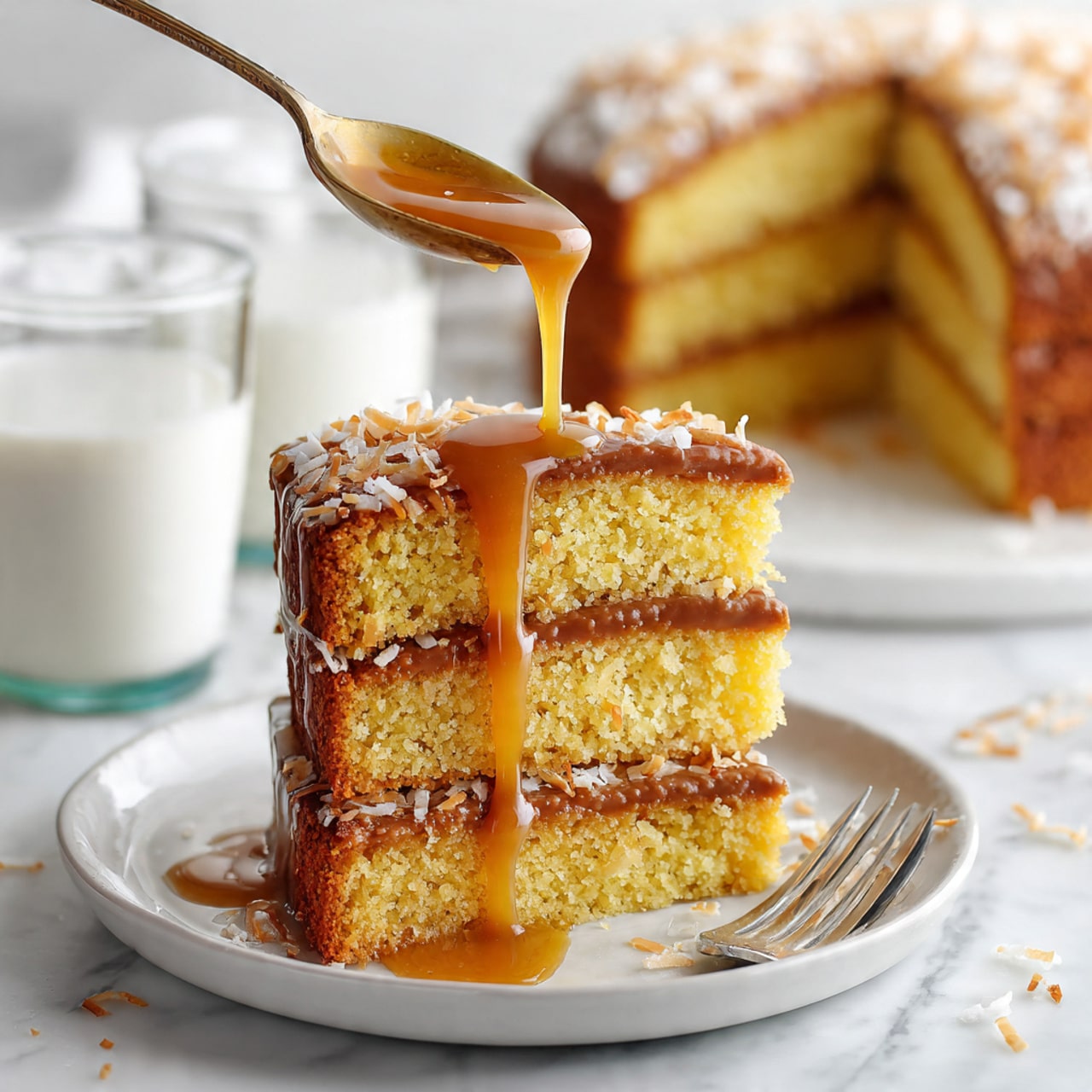 A white plate holds a stack of three thick yellow cake slices with a slightly crumbly texture. Each slice has a thick brown caramel coating on the sides sprinkled with toasted coconut flakes. A woman's hand holds a spoon above the stack, dripping golden brown caramel sauce onto the top slice. In the background, a large piece of the same cake rests on a white marbled surface behind the plate, along with clear glass cups filled with white milk-like liquid. The scene is bright and soft with a white marbled surface underneath photo taken with an iphone --ar 4:5 --v 7