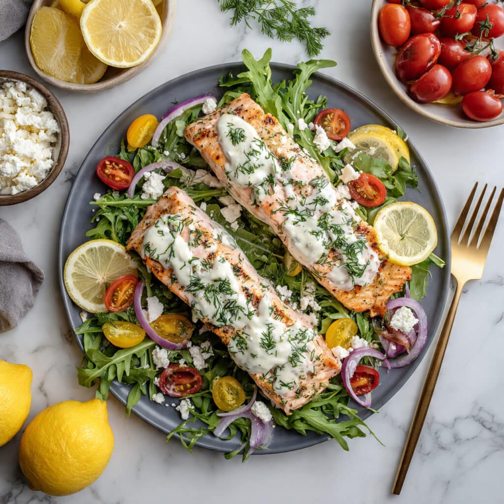 Pan-Seared Greek Salmon with Tzatziki and Greek Salsa Recipe