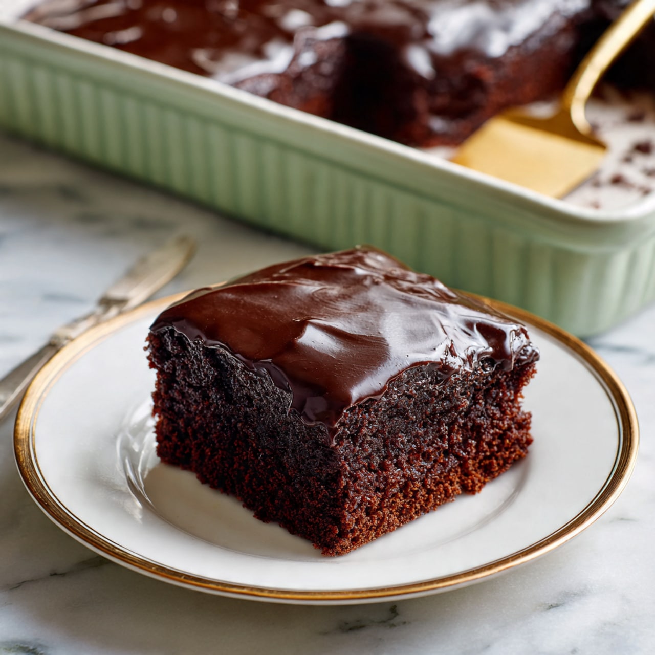 A close-up view of a square white baking dish filled with a thick, glossy chocolate dessert. The top layer is a smooth, rich, dark chocolate ganache covering the surface evenly. One corner piece has been removed, revealing a dense, dark brown chocolate cake layer underneath with some moist texture. The baking dish sits on a round cooling rack with a gold rim, placed on a white marbled surface. A spatula with bits of chocolate rests nearby, and there are scattered dark chocolate chips around the setup. Photo taken with an iphone --ar 4:5 --v 7