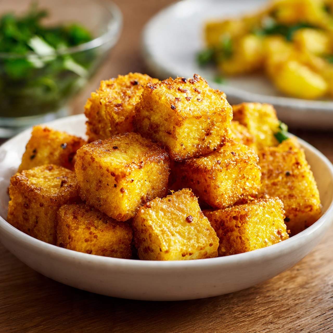 A close-up image shows crispy golden cubes of fried tofu inside a white bowl. The tofu pieces have a crunchy, textured surface with light and dark yellow shades, appearing well-cooked and slightly puffed. The white bowl sits on a wooden surface with a blurred background, showing a white plate with light yellow chunks and a glass bowl with bright green chopped herbs. The overall colors focus on warm yellows and natural greens against the soft white tones of the bowl and plates. Photo taken with an iphone --ar 4:5 --v 7