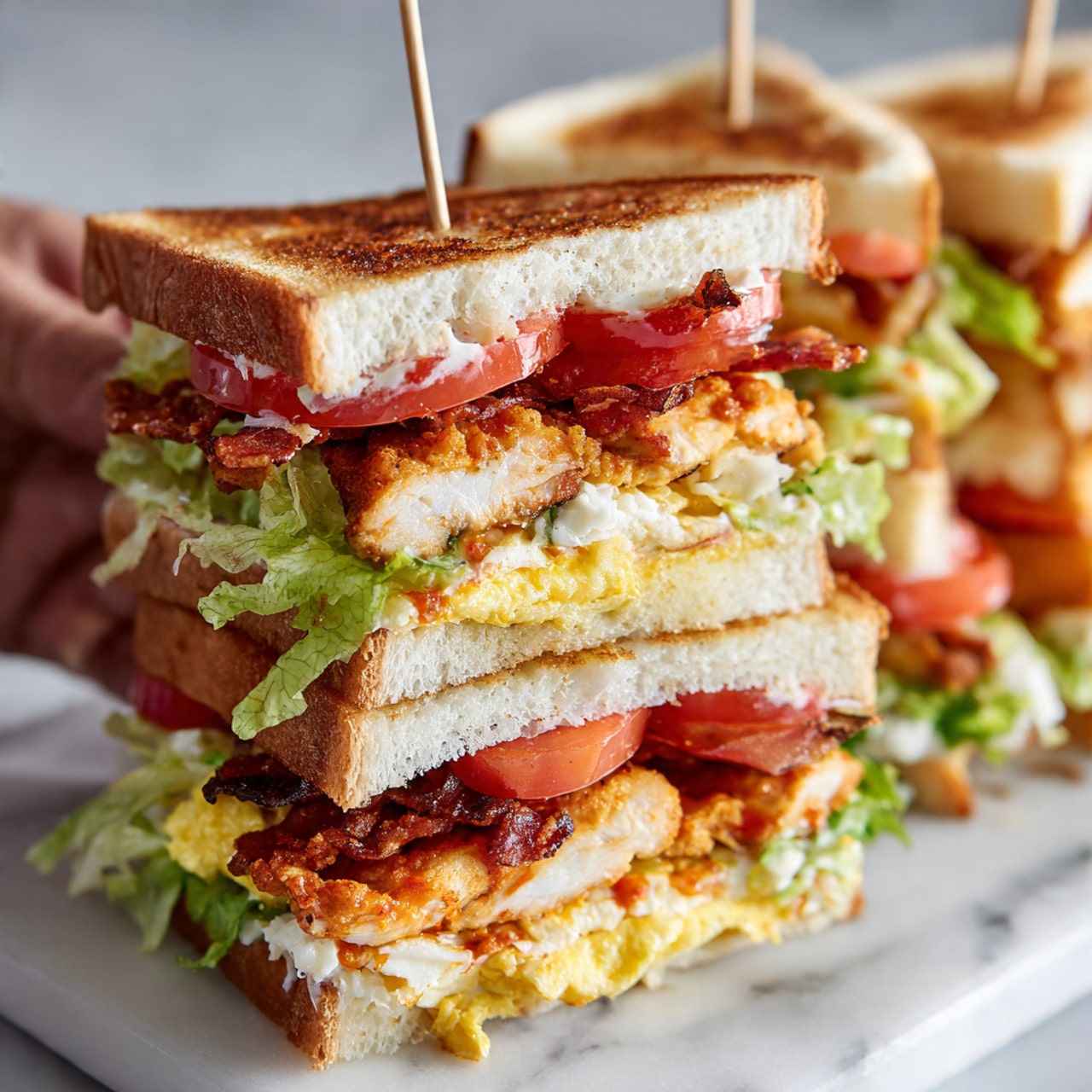 A gray frying pan with green handles sits on a white marbled surface, filled with small, uneven pieces of light brown meat covered in a thick, shiny reddish-orange sauce evenly coating each piece; resting inside the pan is a wooden spatula with a blue silicone head partially mixing the sauce and meat. photo taken with an iphone --ar 4:5 --v 7