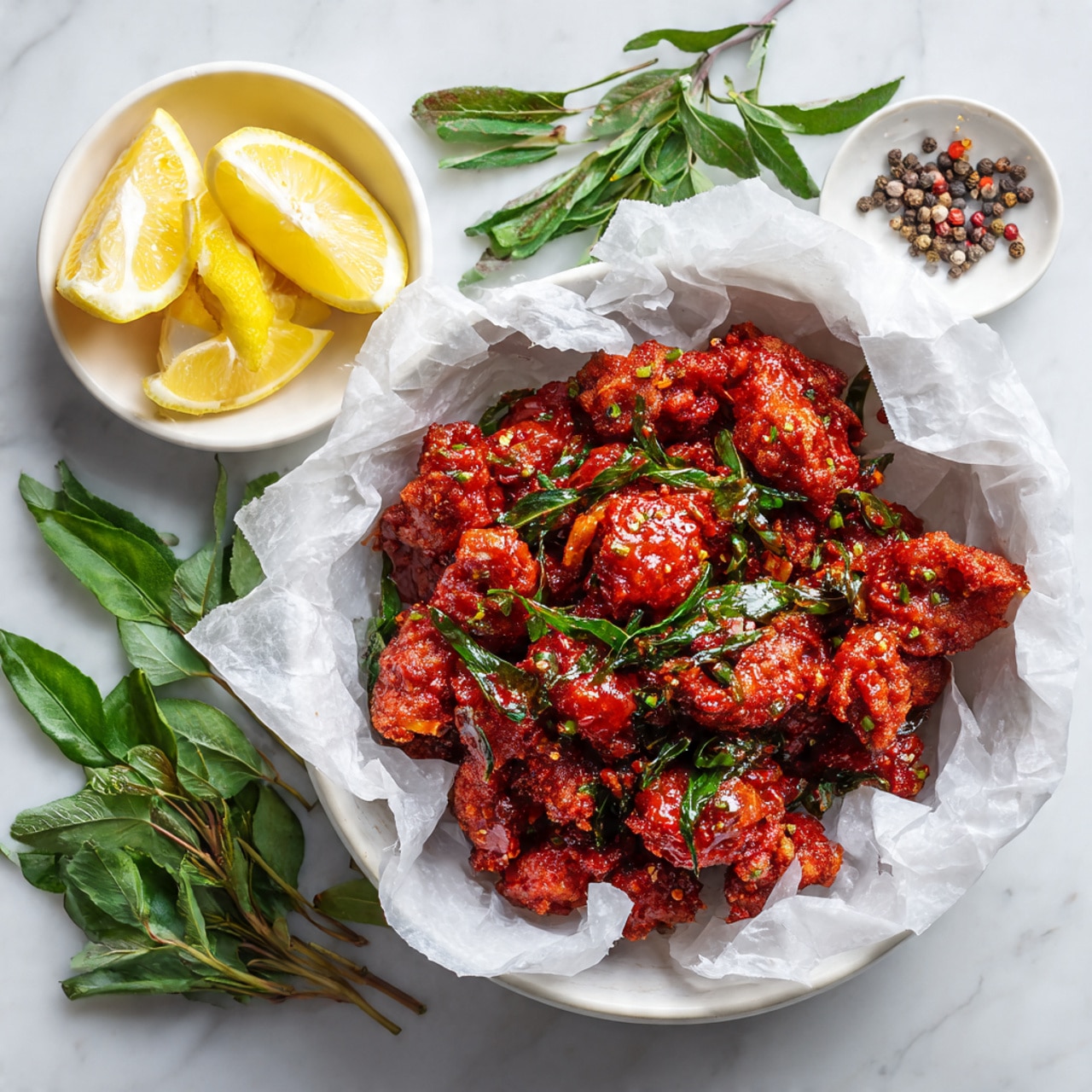 A white bowl lined with crumpled white parchment paper holds a heap of bright red, saucy fried pieces mixed with green leafy herbs. The saucy pieces are textured and irregular in shape, glistening under the light. Around the bowl on a white marbled surface are scattered fresh green leaves and black pepper flakes. To the top left, a small white bowl contains four lemon wedges. Photo taken with an iphone --ar 4:5 --v 7