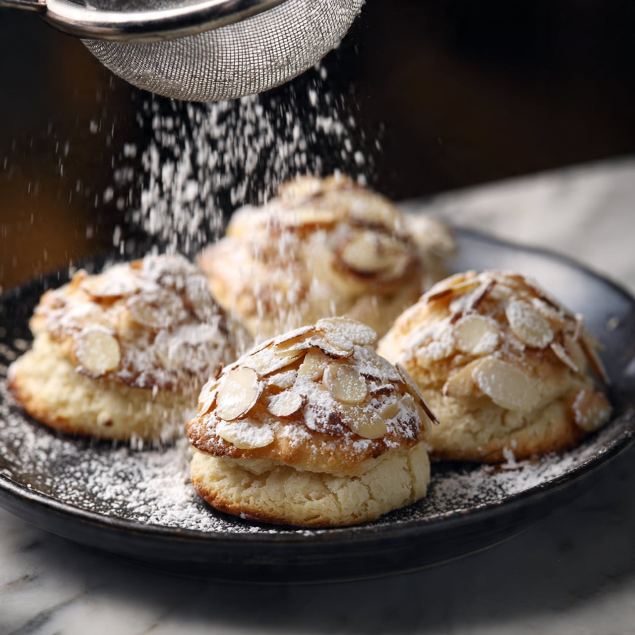 The image shows several small round pastries covered with light brown toasted almond slices on a dark plate. The pastries have a rough, chunky texture due to the almond layers. Above them, powdered sugar is gently falling through a metal sieve, creating a soft white dusting over the pastries. The background is dark, which brings focus to the pastries and the fine snow-like sugar falling down. The plate sits on a white marbled surface. photo taken with an iphone --ar 4:5 --v 7