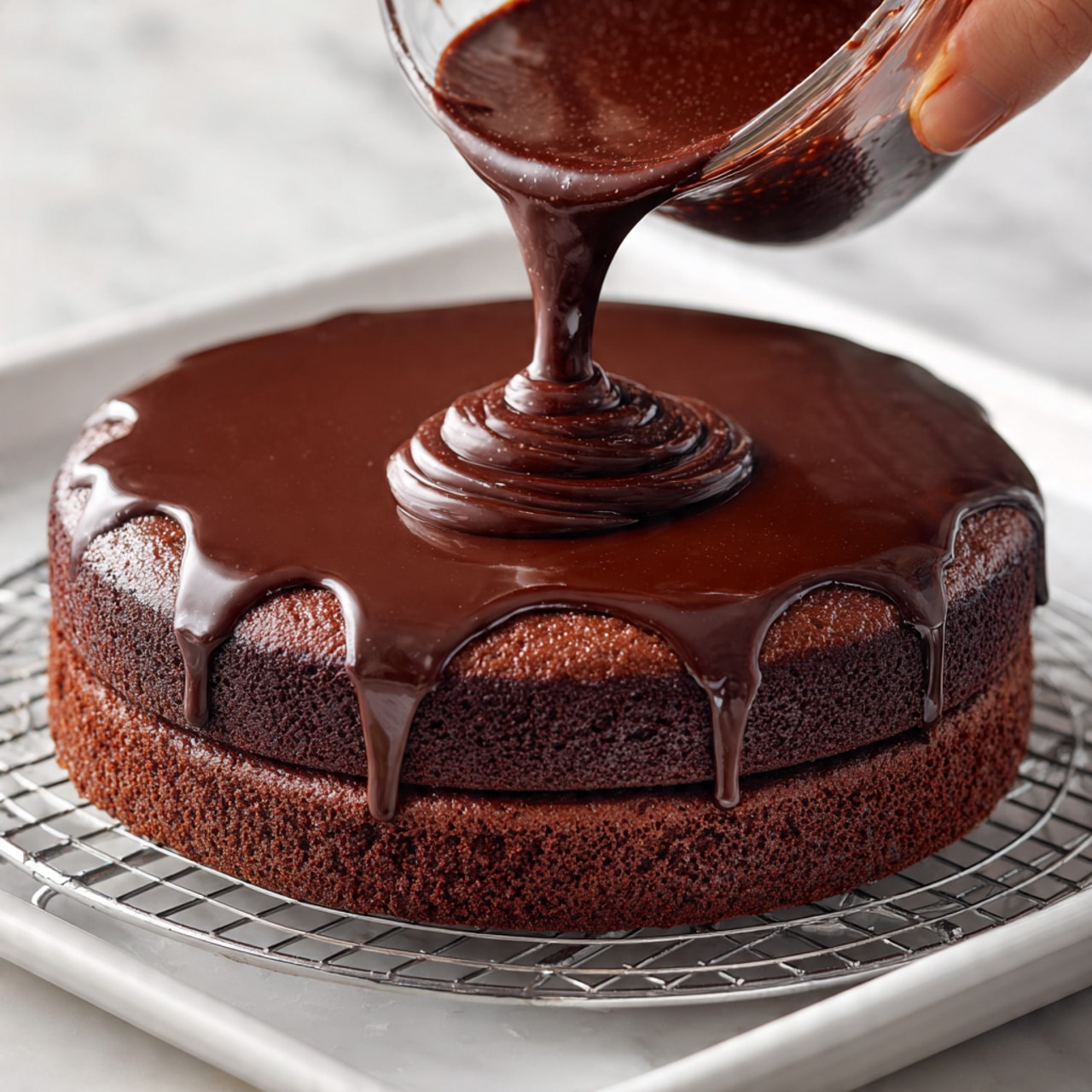 A perfectly round, smooth chocolate cake sits on a wire rack over a white tray, placed on a white marbled surface. The cake has two main layers: a thick, matte dark brown chocolate layer forming the base, and a glossy, shiny dark chocolate sauce being poured from a clear measuring cup by a woman's hand onto the top, pouring and beginning to cover the surface and edges. The rich sauce contrasts with the matte chocolate beneath it as it slowly drips down the sides, creating a luscious and smooth texture. Photo taken with an iphone --ar 4:5 --v 7