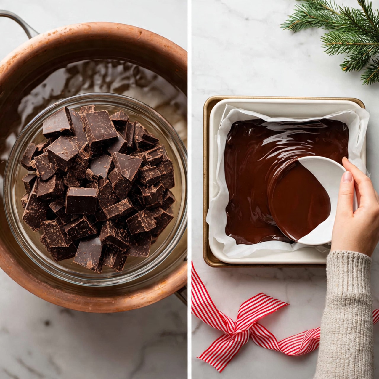This image shows a close-up of triangular white chocolate bark pieces stacked on each other. Each piece has a creamy white base layer with a smooth, slightly shiny texture. On the top layer, there are small and medium-sized red and white crushed candy cane pieces scattered unevenly across the surface. The background is a white marbled texture with blurred candy cane parts and a sprig of green foliage visible. Photo taken with an iphone --ar 4:5 --v 7