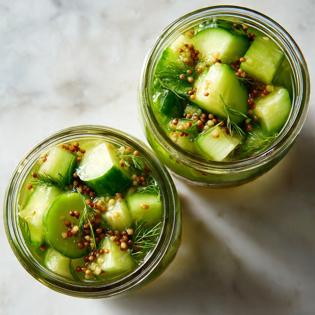 Top view of two glass jars filled with cucumber pickles. Each jar has layers of bright green cucumber pieces, light green dill sprigs on top, and small brown mustard seeds scattered throughout. The cucumbers are fresh, with a shiny texture from the clear liquid brine filling the jars. The jars rest on a white marbled surface with soft natural light highlighting the fresh colors. Photo taken with an iphone --ar 4:5 --v 7