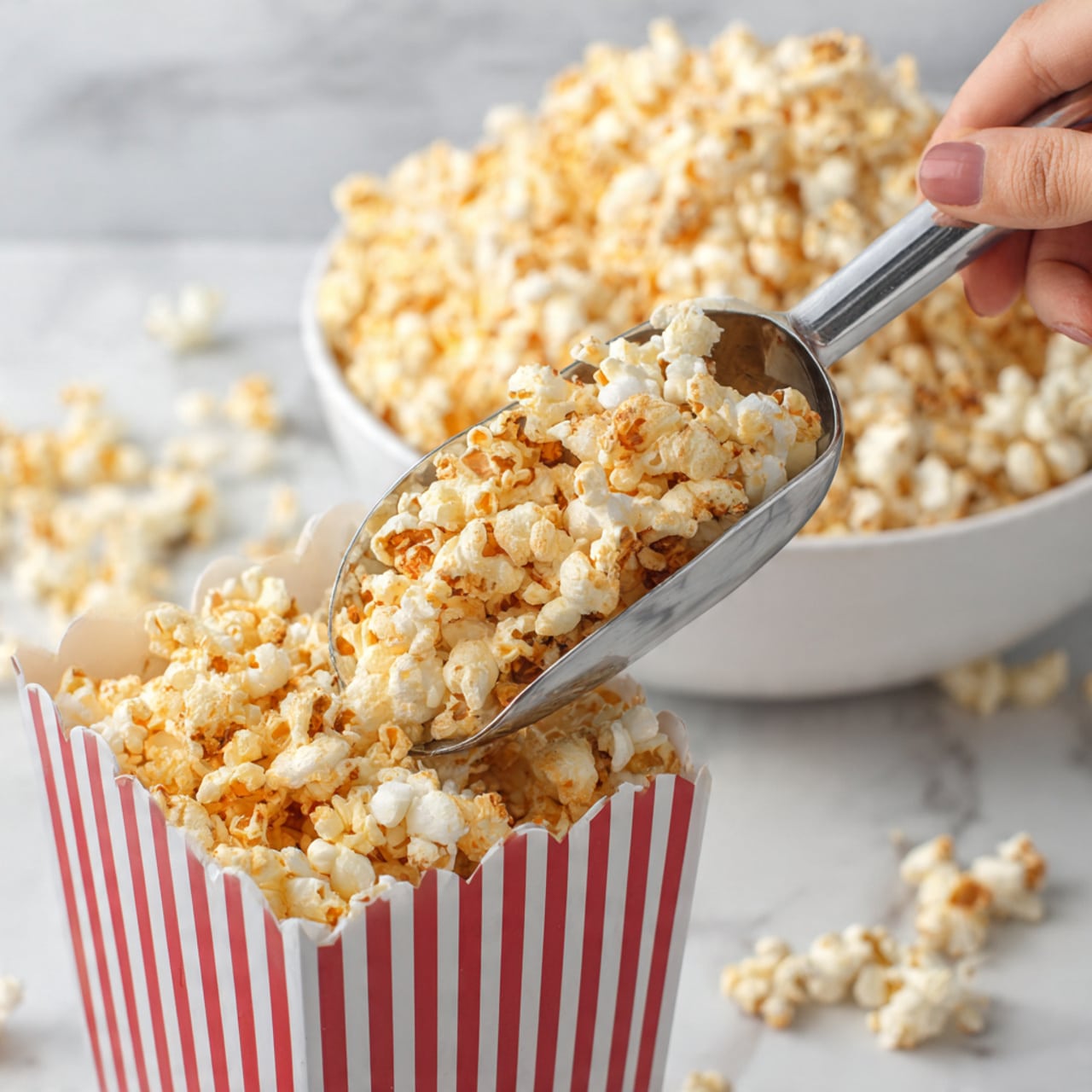 A woman's hand holds a red and white striped popcorn box tilted, while a metal scoop full of fluffy, light yellow popcorn is being poured into the box. The popcorn is full of puffy kernels with some showing light brown toasted spots. The background shows a large, white bowl full of more popcorn, placed on a white marbled surface. The image is close-up, highlighting the texture and layers of popcorn in the scoop and the box photo taken with an iphone --ar 4:5 --v 7