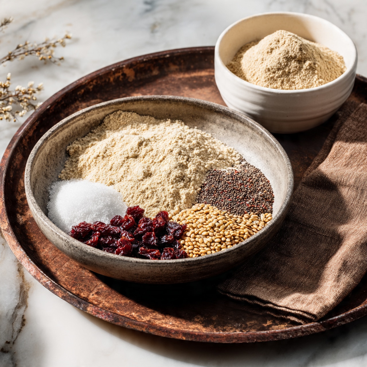 A dish showing five white bowls filled with fruit salad on a white marbled surface, each bowl holding a mix of three layers: the bottom layer has light yellow diced apples with some red skin showing, the middle layer contains whole dark blue blueberries, and the top layer features fresh green mint leaves scattered throughout, with one bowl in the center containing a silver spoon inside, all bowls arranged casually with one showing a striped gray cloth nearby, photo taken with an iphone --ar 4:5 --v 7