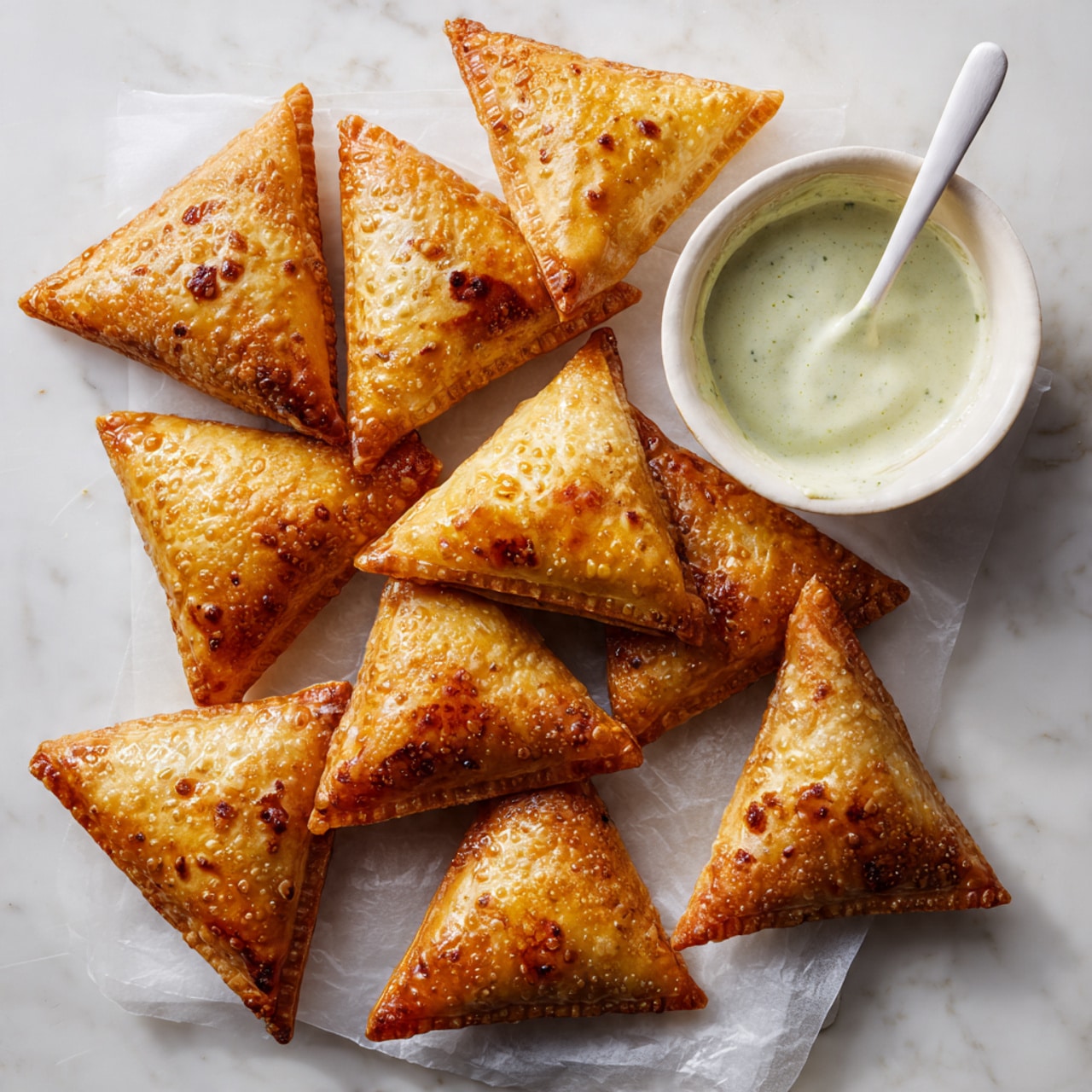 A large black frying pan filled with cooked ground beef, showing a crumbly texture and evenly browned color, sits on a wooden board on top of a white marbled surface. Inside the pan, a spatula with a light blue silicone head and a wooden handle rests over the beef. Above the pan, two small white bowls hold finely chopped yellow ginger and pale yellow garlic, placed side by side on the white marbled surface. The scene has a clean and simple look with natural lighting. photo taken with an iphone --ar 4:5 --v 7