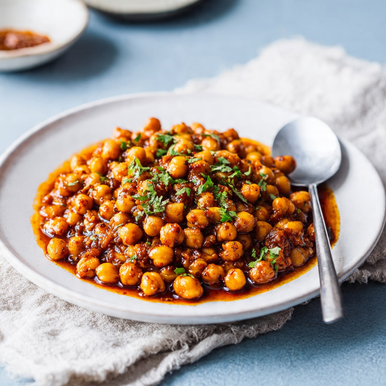 A white plate with a small serving of dark brown chickpeas in thick sauce topped with chopped green herbs on the left side; a shiny silver spoon rests on the right side of the plate. Above the plate, there is a small white bowl filled with light brown powder spice. To the upper right, part of a larger white bowl shows a yogurt dish with a creamy white base, sprinkled with dark olives, red spice powder, and green curry leaves. At the top center, there is a partial view of a white shallow bowl with a red rim filled with dark brown chickpeas stew garnished with green herbs. All dishes are placed on a white marbled surface with a beige textured cloth partially covering it. Photo taken with an iphone --ar 4:5 --v 7
