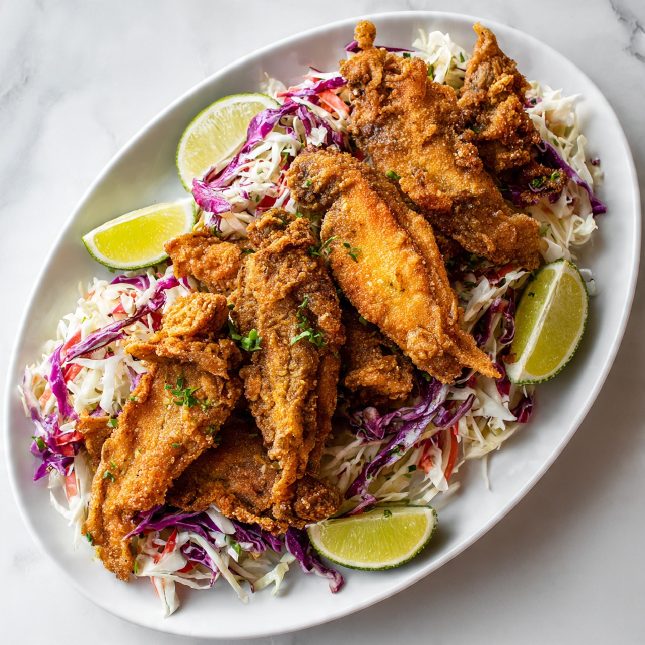 The image shows a white oval plate filled with several pieces of golden brown, crispy fried fish placed mostly in the center and right side. Around the edges of the fish are two piles of creamy slaw made with shredded purple and white cabbage. A few lime wedges are placed on the bottom and top right corners of the plate for garnish. The plate rests on a white marbled surface. Photo taken with an iphone --ar 4:5 --v 7