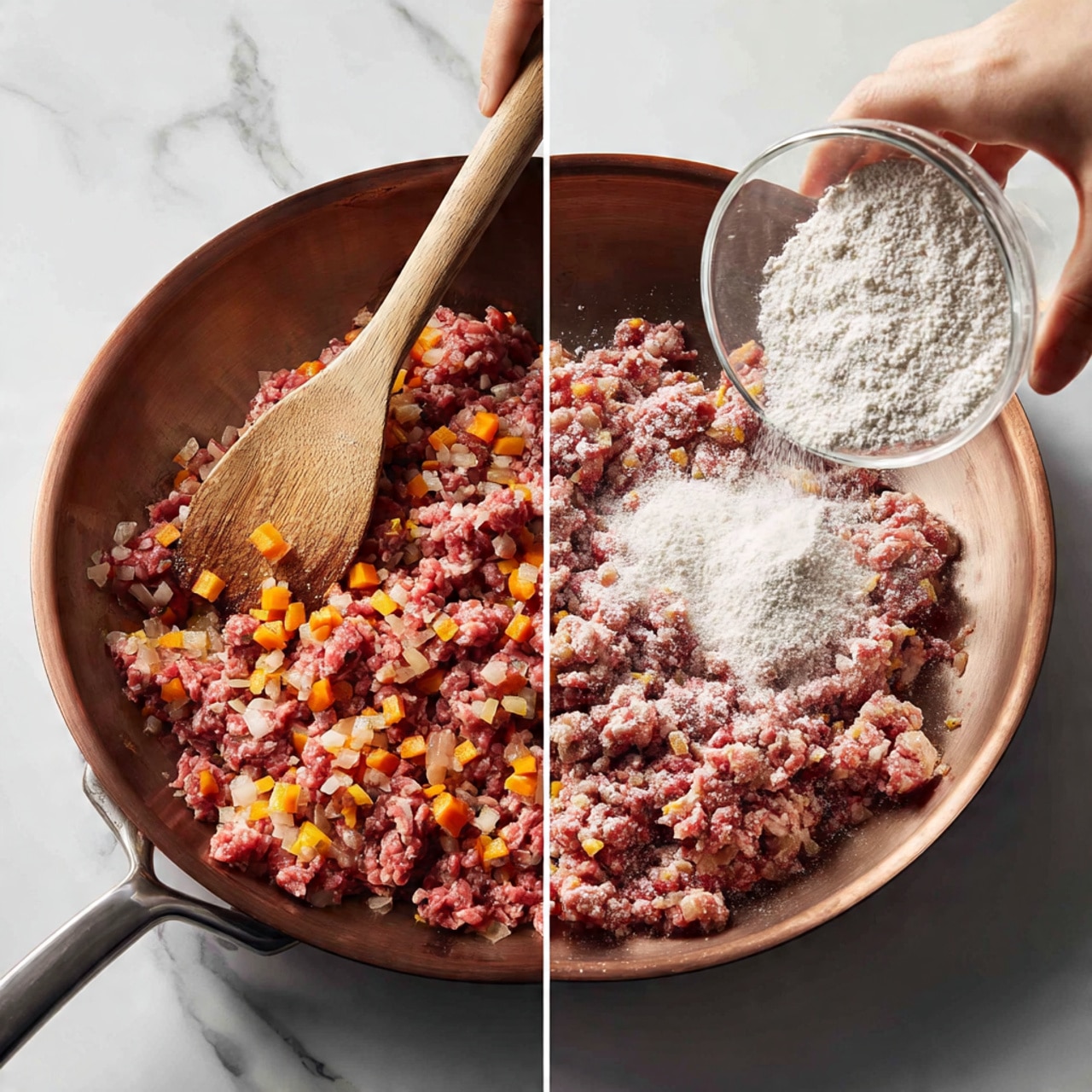 The image is split into two parts, each showing a close-up view of a large copper pan on a stovetop with white marbled texture in the background. On the left side, the pan contains raw minced meat mixed with small orange carrot cubes and light brown onion pieces, being stirred with a wooden spoon held by a woman's hand. The raw meat shows red and pink colors with scattered orange and translucent bits. On the right side, the same pan is shown with the minced meat now browned and mixed evenly with the small carrot cubes, while a woman's hand pours a white powdery substance over the meat from a clear glass bowl. Photo taken with an iphone --ar 4:5 --v 7
