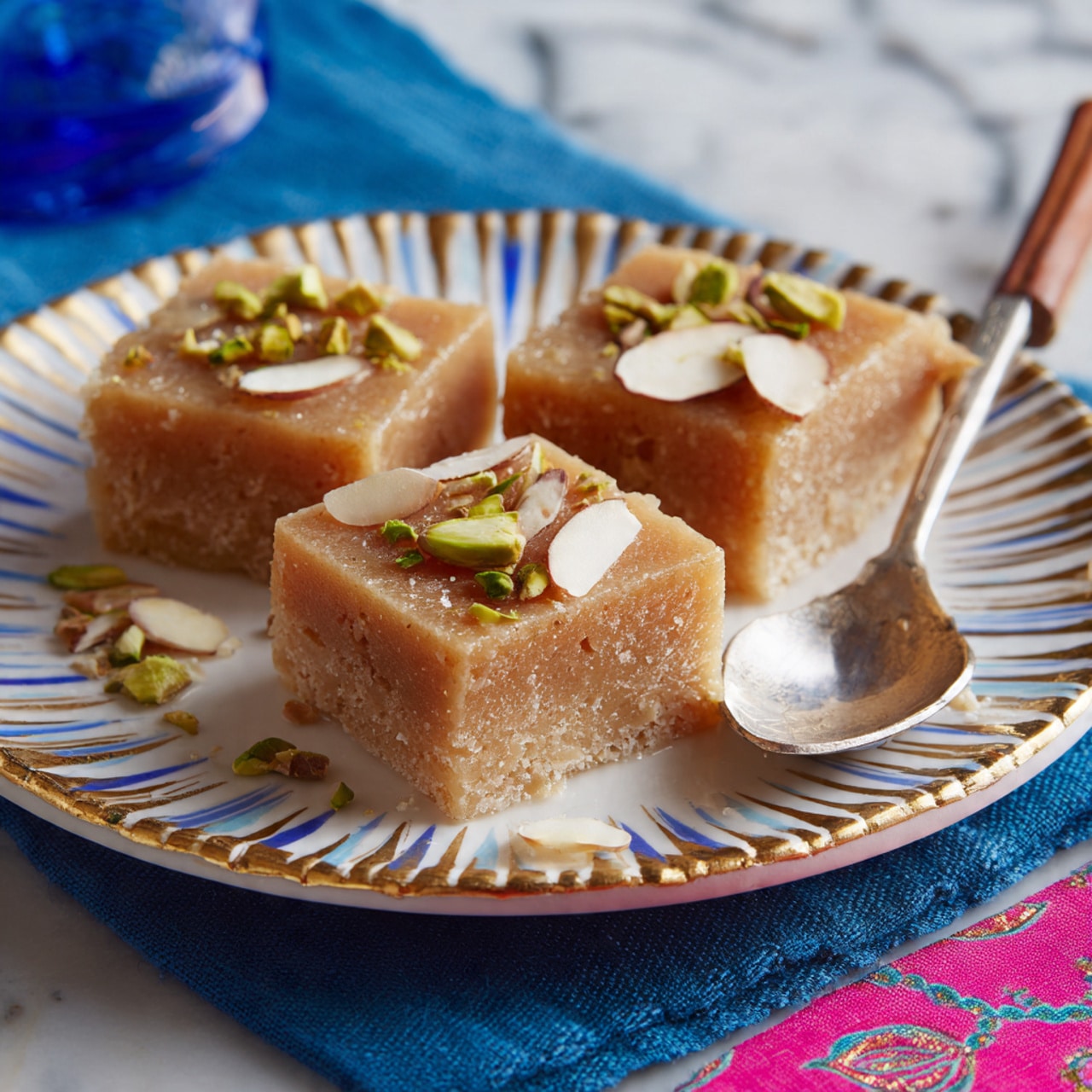 A white plate with a brown and gold patterned edge holds three small square pieces of light brown dessert garnished with slivered white almonds and green pistachios, with a copper spoon resting on the plate. Nearby, a white plate with light brown dessert partly scooped away shows more green pistachios on top, with a copper spoon resting on the plate. To the left, a white bowl filled with green pistachio slivers is visible. All dishes sit on a pink cloth with a floral pattern, and the overall scene is bright and colorful. photo taken with an iphone --ar 4:5 --v 7