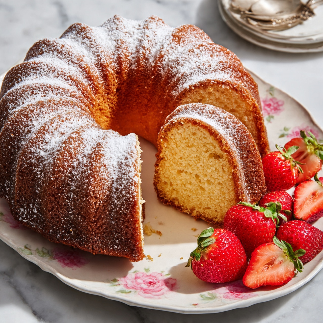 A golden brown bundt cake dusted lightly with white powdered sugar sits on a white plate decorated with soft pink flowers; the cake's texture looks moist and soft with a slightly crispy edge, and a slice has been taken out with the removed piece placed next to it showing the fluffy inside. Next to the cake, a group of fresh, bright red strawberries with green tops spill out slightly, adding a splash of vibrant color. The plate rests on a white marbled surface photo taken with an iphone --ar 4:5 --v 7