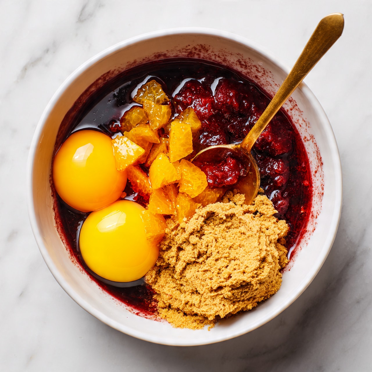 The image shows six dark brown chocolate muffins arranged on a white marbled surface. Each muffin is topped with several shiny, slightly melted chocolate chips that add texture and a glossy finish. The muffins have a rough, cracked top, highlighting a soft and rich texture inside. In the top left corner, a portion of a yellow textured cloth is visible, adding a warm contrast to the cool, smooth marble surface. photo taken with an iphone --ar 4:5 --v 7