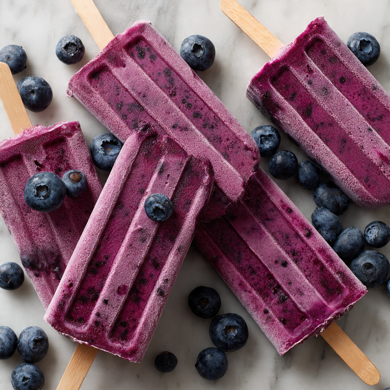 The image shows several purple popsicles with visible dark purple specks spread on a white marbled surface. The popsicles have three long vertical grooves, and each has a light brown wooden stick at the bottom. Fresh whole blueberries, with a deep blue color and smooth texture, are scattered around and on top of the popsicles, adding contrast and extra detail to the scene. The arrangement is slightly overlapping, showing multiple popsicles in a close-up view. Photo taken with an iphone --ar 4:5 --v 7