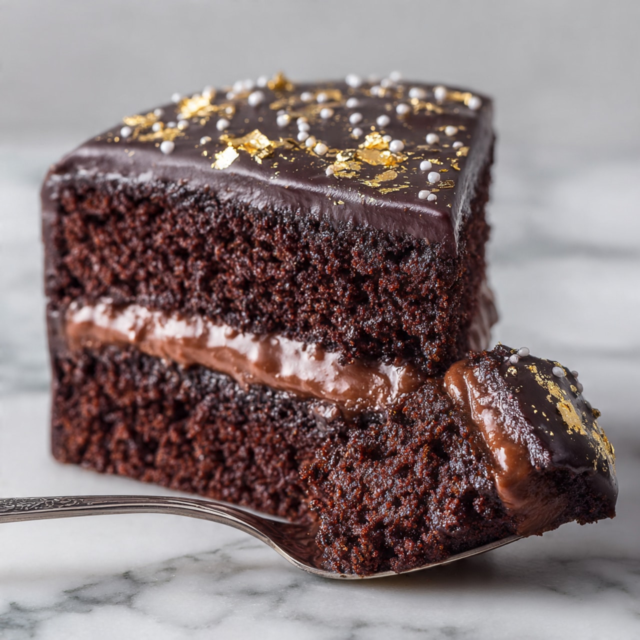 A shiny, dark chocolate cake with a smooth and glossy top layer covers the entire cake in deep rich brown. There is a thin diagonal line of fine gold dust running across the top from one side to the other. Small pieces of gold leaf are scattered mainly on one side of the top and along the side surface. The cake sits on a round white marble cake stand with a pedestal base. In the background, there are out of focus pink flowers and green leaves. The surface beneath the cake stand shows a white marbled texture. Photo taken with an iphone --ar 4:5 --v 7