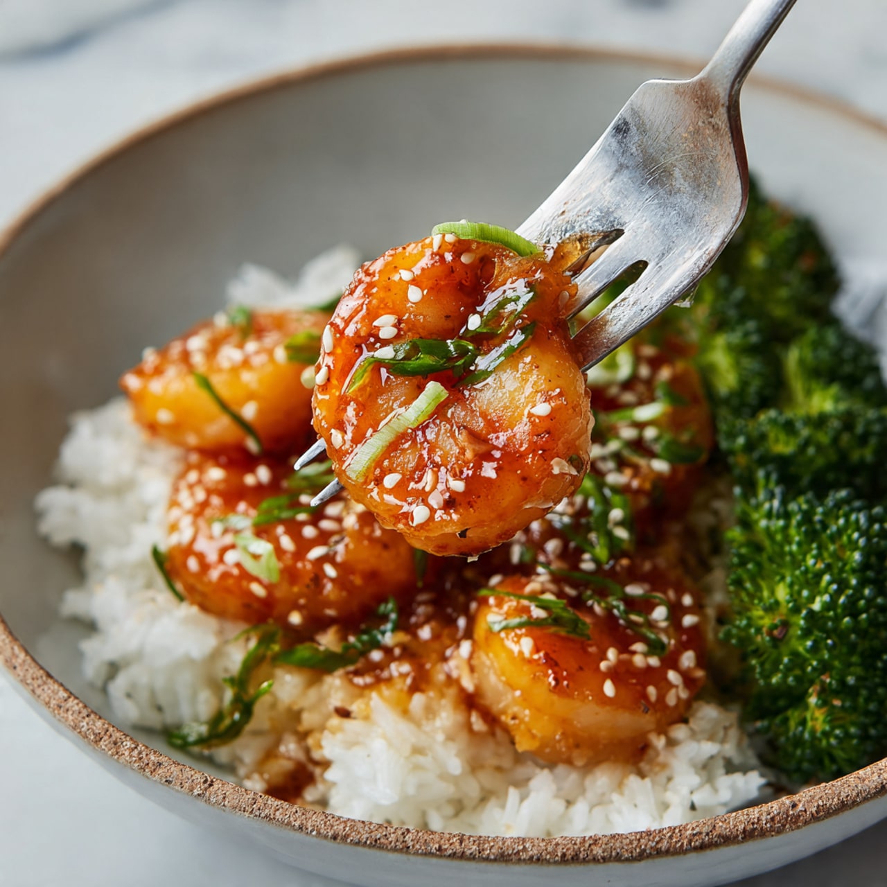 The image shows a close-up of a fork holding two glazed shrimp pieces that are orange with a shiny texture and sprinkled with white sesame seeds and small green onion bits. Below the shrimp, there is a layer of white rice that looks fluffy. In the background, there is some bright green broccoli. All of this sits on a white marbled surface. The photo was taken with an iphone --ar 4:5 --v 7