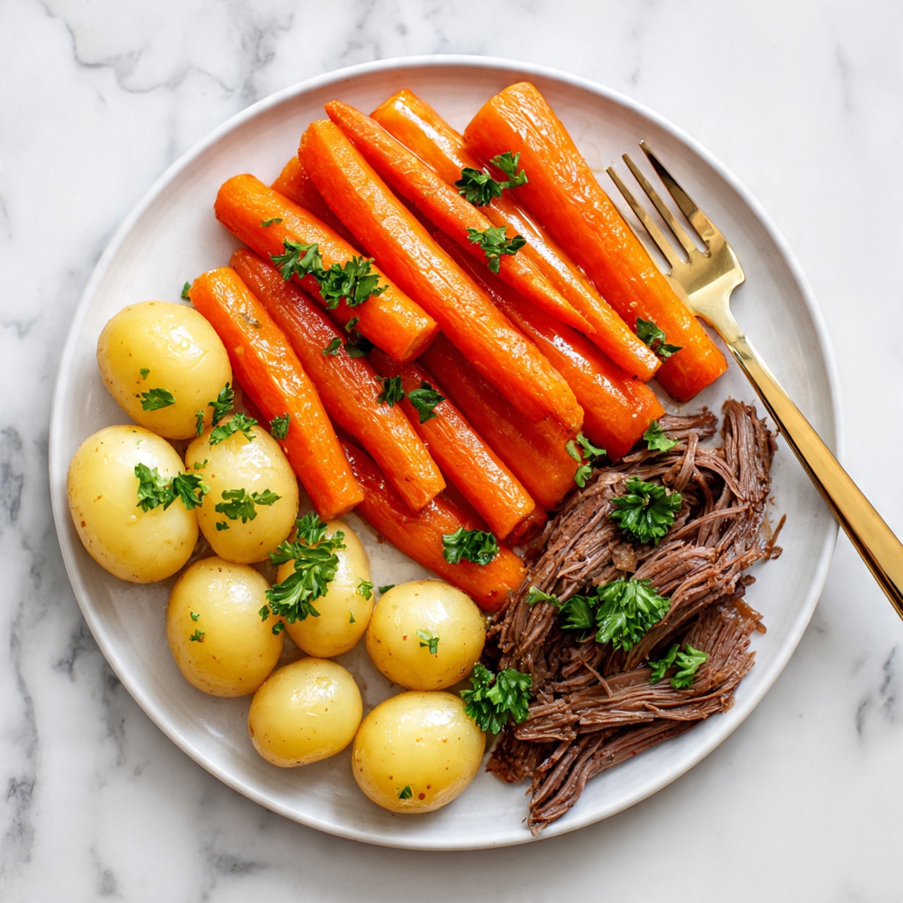 On a white plate with a brown rim, there is a dish with three layers: at the bottom are round golden potatoes and bright orange carrot slices mixed with cooked onions, creating a warm and soft base. On top of the vegetables are large pieces of dark brown roasted meat with a rough texture, showing strands of tender meat. Fresh green herbs with thin leaves and needle-like stems are placed over the meat, adding a fresh look. The plate is set on a light-colored cloth on a white marbled surface. In the blurred background, a small white pitcher is visible. Photo taken with an iphone --ar 4:5 --v 7