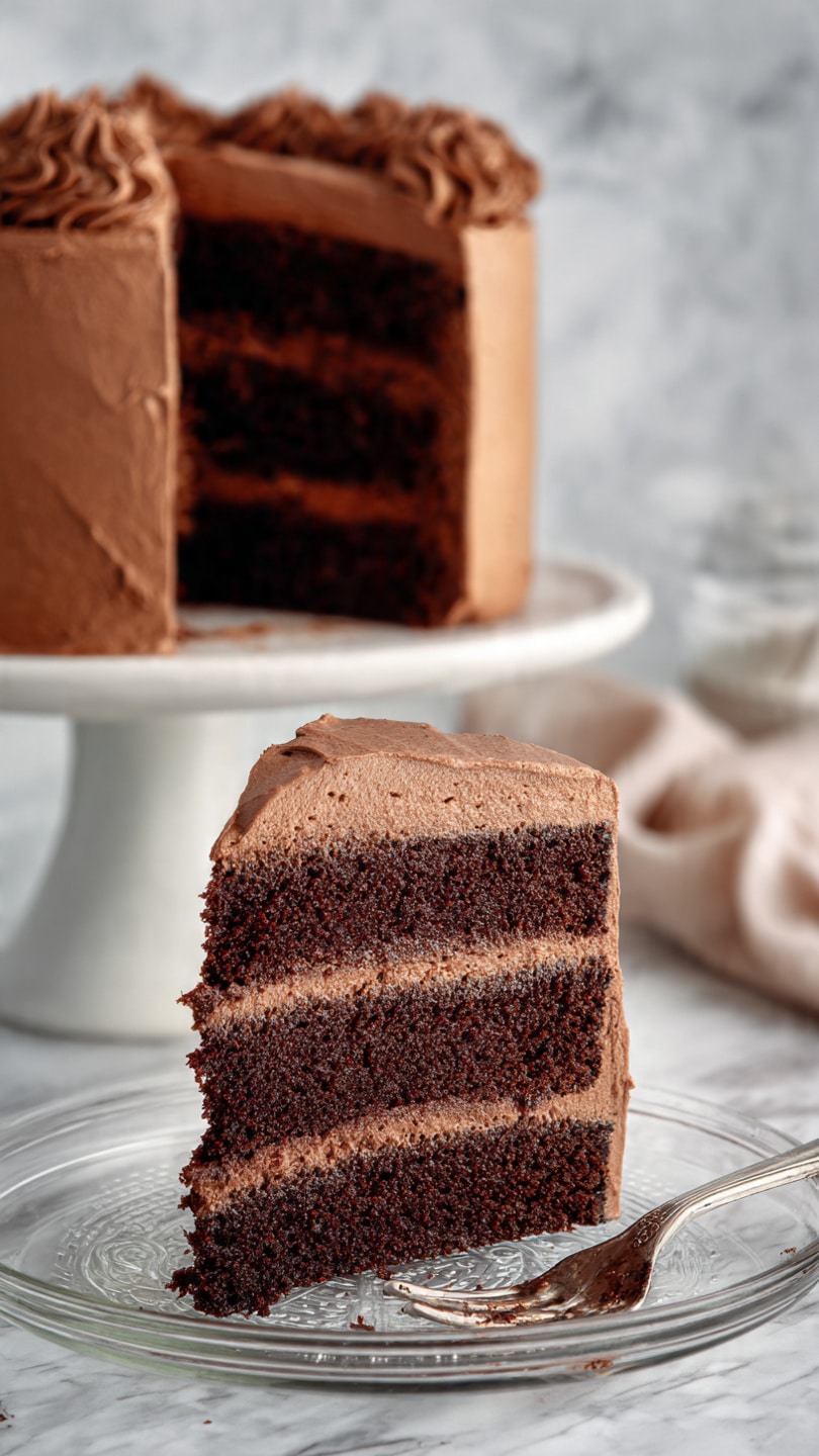 A tall chocolate cake with five thick layers of dark brown chocolate sponge, each separated by smooth, lighter brown chocolate frosting. The whole cake is covered in the same lighter brown frosting spread with textured swirls on the sides and top. It sits on a white cake stand with a textured surface shaped like a tree trunk. Next to the cake is a slice on a clear glass plate, showing the five layers and frosting, with a fork beside it. The setting includes a white wooden table and a soft pink background with a subtle pattern, with a crumpled blue and white striped cloth nearby. photo taken with an iphone --ar 4:5 --v 7