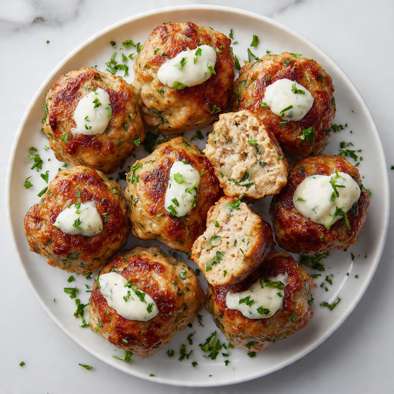 The image shows several round meatballs placed in rows on a black wire cooling rack, which sits over a white tray. Each meatball is light brown with a mix of textures, flecked with small green herbs and bits of purple onion, giving them a fresh and slightly rough look. The meatballs are evenly spaced, highlighting their uniform size and shape against the plain white marbled surface beneath. photo taken with an iphone --ar 4:5 --v 7
