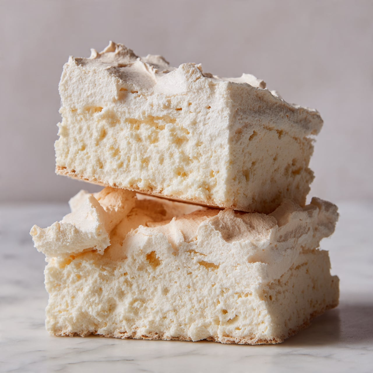 The image shows a close-up of two pieces of white, fluffy meringue stacked on top of each other. Each piece has a rough, crumbly outer edge with a delicate texture and a soft, airy inside that looks light and spongy. The white marbled background contrasts softly with the light cream and off-white shades of the meringue. The surface of the meringue appears dry and slightly cracked, highlighting its fragile and airy nature. photo taken with an iphone --ar 4:5 --v 7