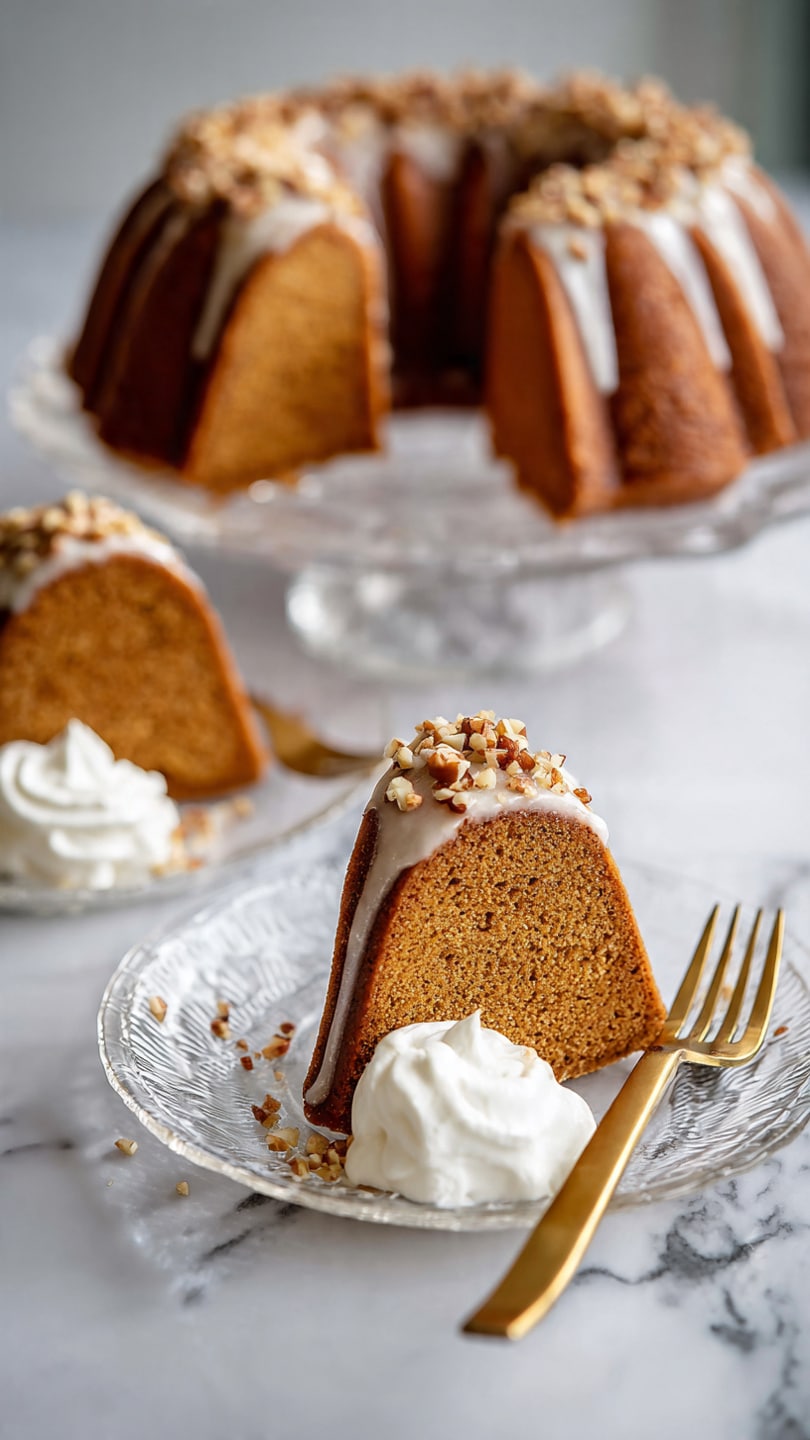 A bundt cake with a golden brown color sits on a clear, textured glass cake stand with a short pedestal. The cake has a smooth, firm texture with small holes visible on the outside. A rich, glossy caramel glaze with small nut pieces drips down the sides, pooling slightly at the bottom. Behind the cake, there is a white bowl filled with fluffy white cream. In front of the cake, thin golden serving utensils rest on a white marbled surface, along with a clear small plate holding golden forks. The background is a soft, light pink with a white marbled texture. photo taken with an iphone --ar 4:5 --v 7